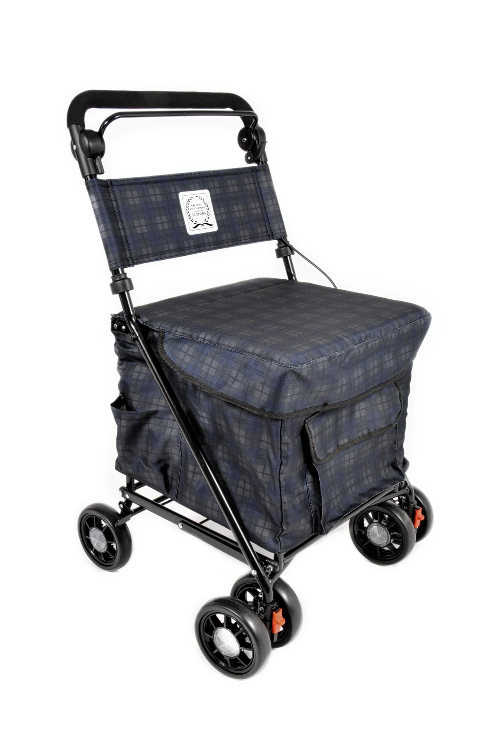 Prestige Ultimate Shopper Navy Check The Lightweight Walk And Rest Shopping Trolley With Padded Seat & Backrest/Walking Trolley/Mobility Trolley/Rollator/ 6 Wheel/Mobility Aid (Fully Assembled Ready To Use)