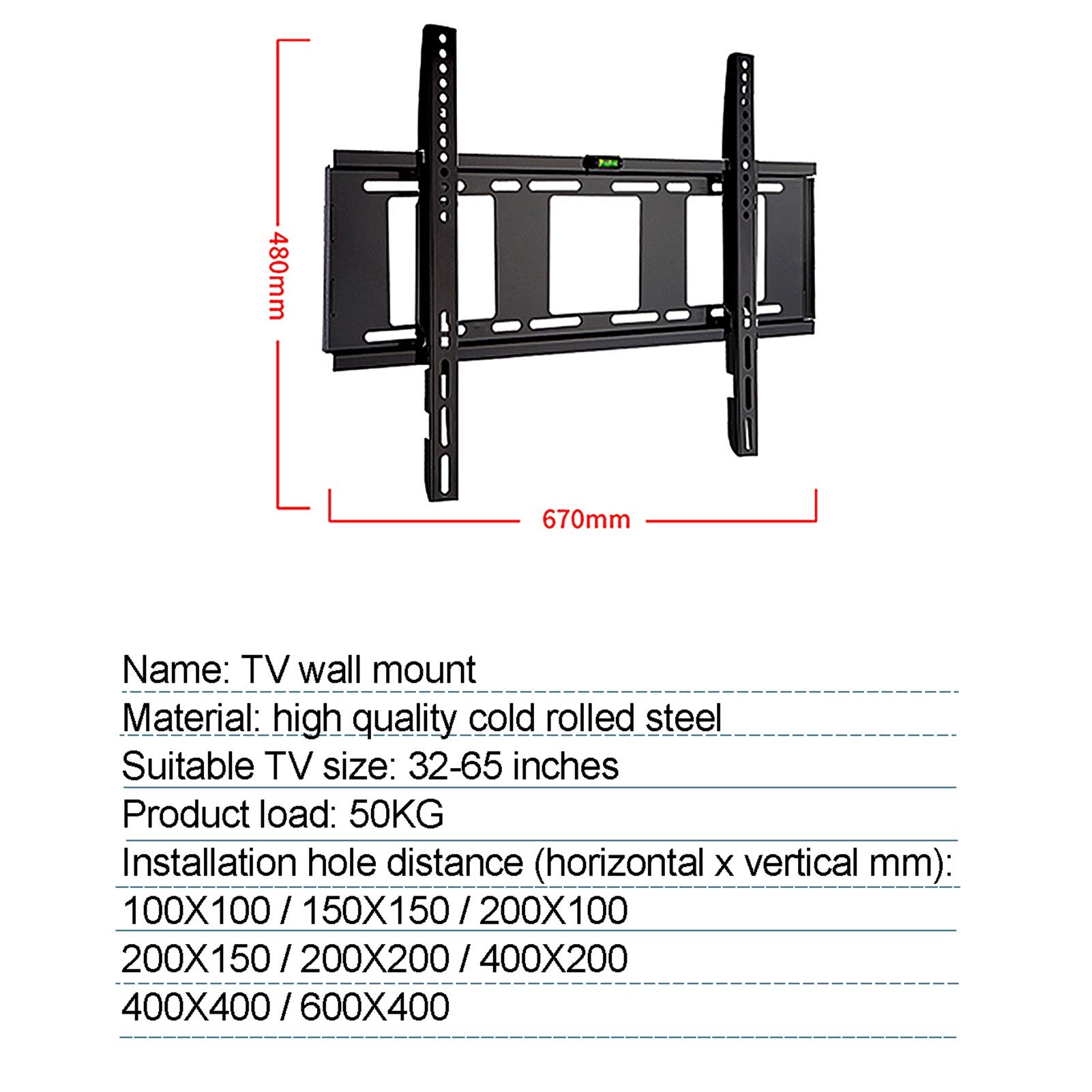 LIU- Soporte De Pared Fijo for TV, for La Mayoría De Televisores De Pantalla Plana LCD LED De 32-65 Pulgadas, VESA 600x400 Mm, Soporta hasta 50 Kg