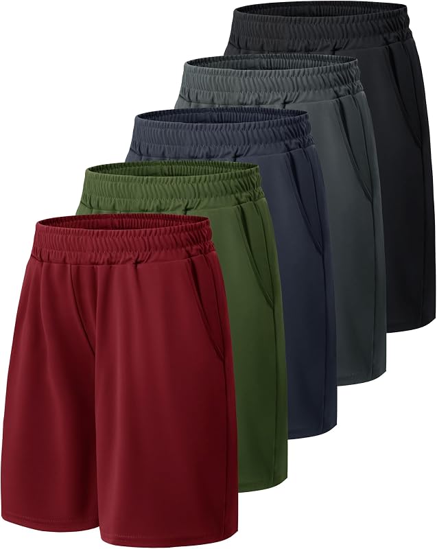 Paquete de 5 pantalones cortos deportivos de baloncesto para niños - Pantalones cortos juveniles de secado rápido para niños negros | Ropa para adolescentes con bolsillos para fútbol, ​​correr, béisbol, cintura elástica, transpirable, ligera, ropa deportiva que absorbe la humedad
