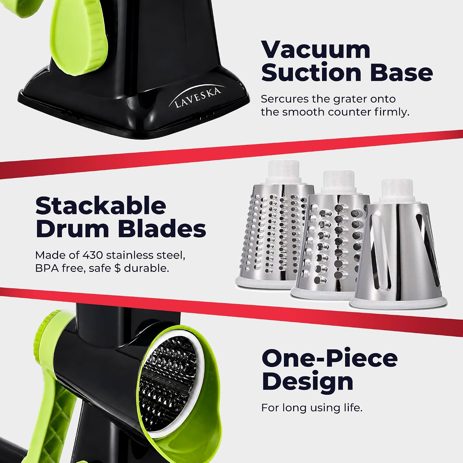 Rotary Cheese Grater Vegetable Slicer - 4-in-1 Food Shredder & Mandoline Chopper with Handle, Suction Base & 3 Stainless Steel Blades, BPA Free Kitchen Gadget, Green