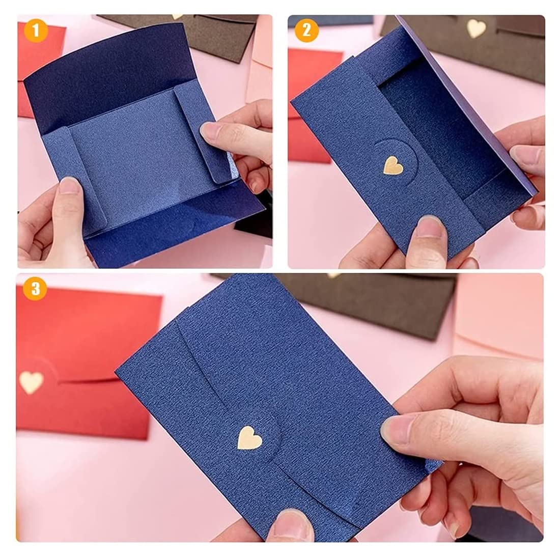 Mini koperty, 10 sztuk, na karty podarunkowe, mini koperty, przycisk serca, na kartki podarunkowe DIY, Boże Narodzenie, Walentynki, urodziny, jako prezent (burgundowy, platyna, różowy, niebieski itd.)
