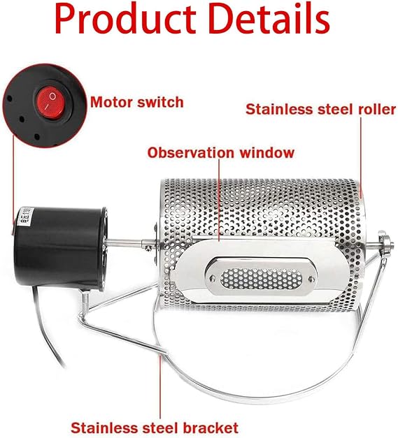 Electric Coffee Beans Roaster, Stainless Steel Drum Coffee Roaster with Visible Window and Stainless Steel Tray, 250g Capacity, Drum Design for Home Use, Cafes, Restaurants with Holes