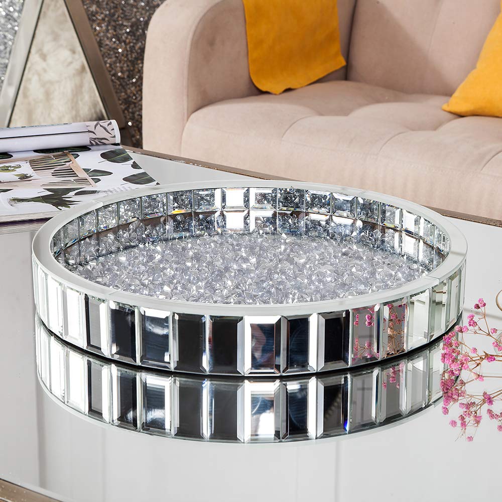 SHYFOY Bandeja Decorativa con Espejo, Bandejas Decorativas Modernas de Cristal de Diamante Triturado, Bandeja Redonda Grande de Plata, Organizador de Maquillaje de tocador para tocador, Diámetro 35cm