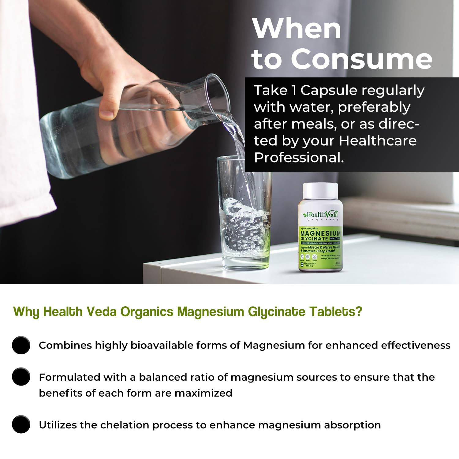 Health Veda Organics Magnesium Glycinate Supplement 550 mg | 60 Veg Capsules for All Adults | Supports Sleep, Relaxation & Muscle Recovery 4