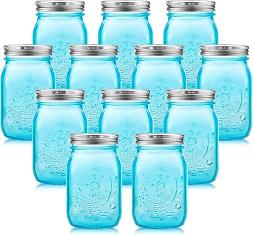 12 tarros de vidrio de colores de 32 onzas con tapas, tarros de vidrio de boca ancha para conservas, tarros Mason no permitidos para lavavajillas