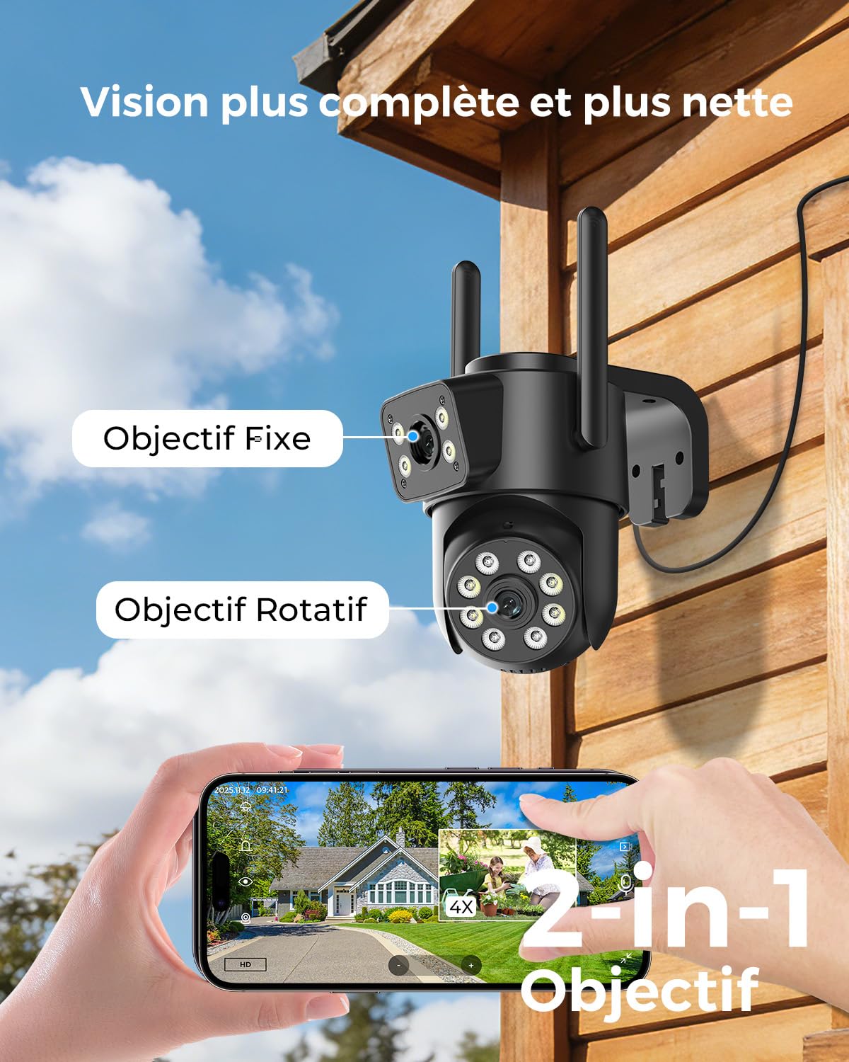 Reobiux 2K Camera Surveillance WiFi Exterieure avec Double Objectif, 2.4/5GHz Caméra Extérieur avec Vision Nocturne Couleur, Détection de Mouvement, Audio Bidirectionnel, Stockage SD/Cloud, IP66