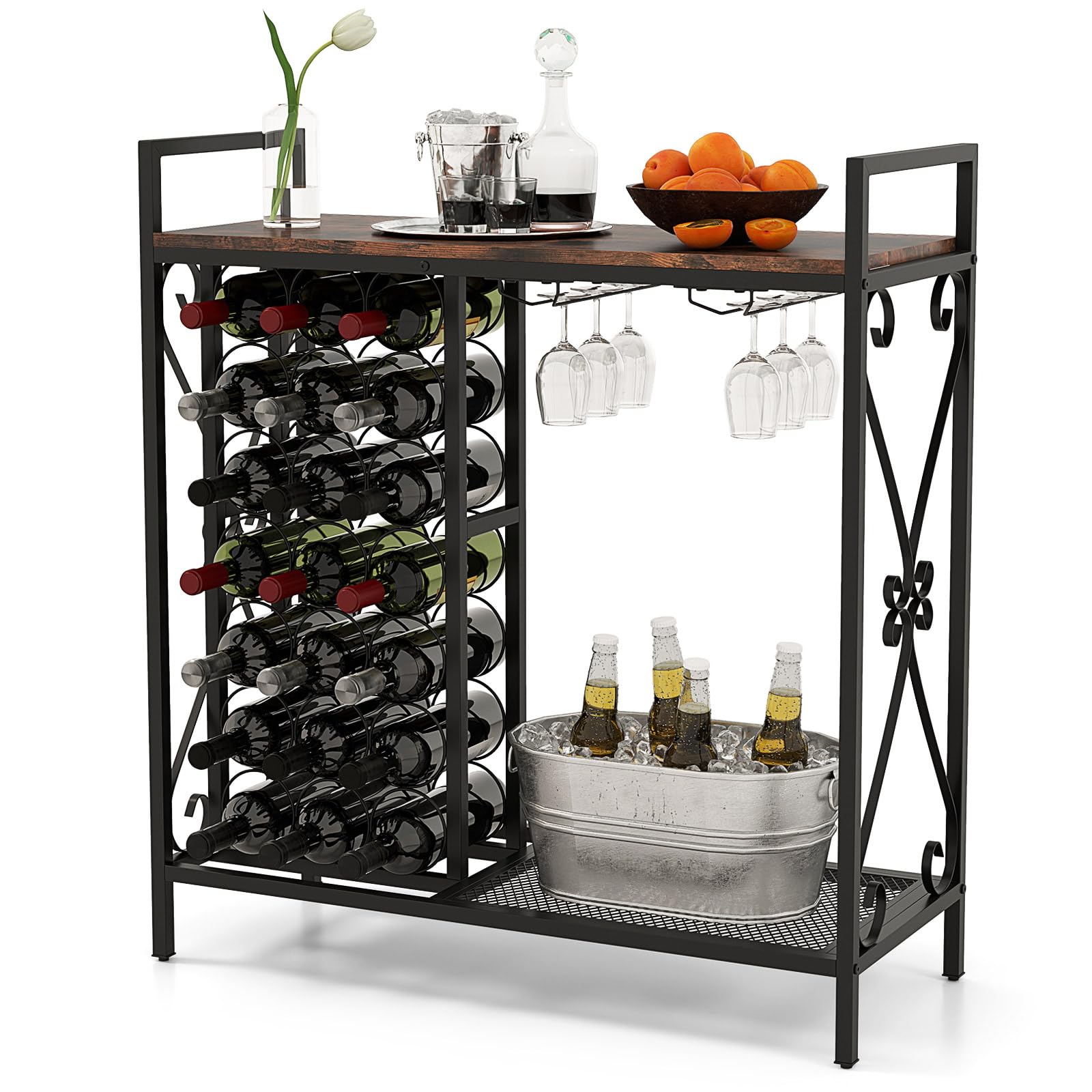 Giantex 21-Bottle Wine Rack Freestanding Floor, Wine Bar Table with 6-Glass Wine Glass Holder, Industrial Wine Display Storage Shelf, Liquor Coffee Bar Cabinet for Home, Dining Room (Rustic Brown)