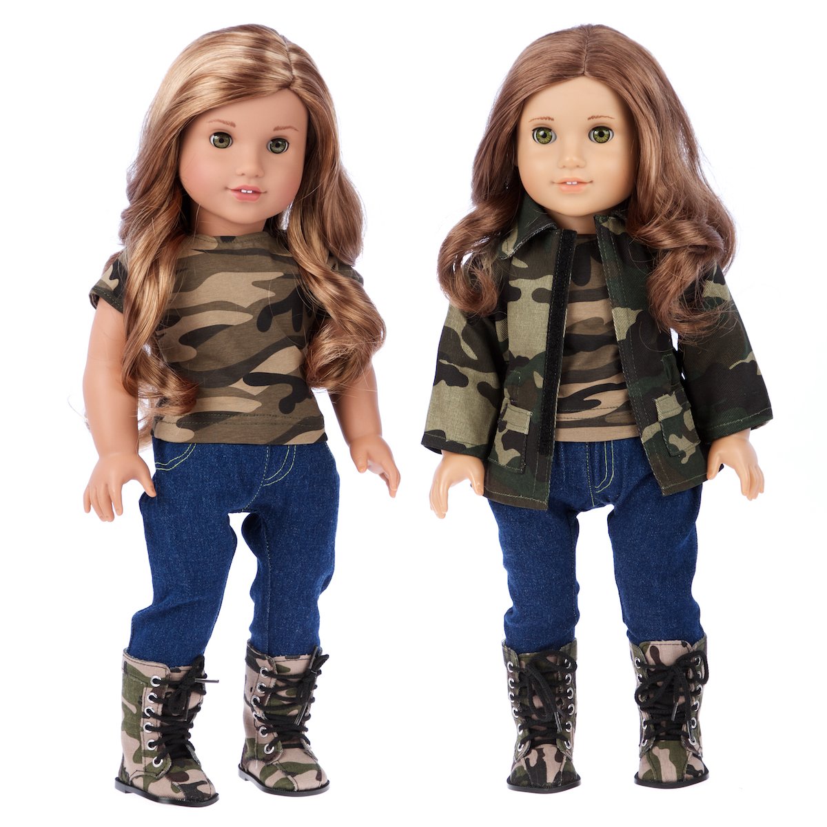 Military Style - 4 piece outfit - camouflage jacket, t-shirt, stretchy jeans and camouflage boots (dolls not included) by DreamWorld Collections