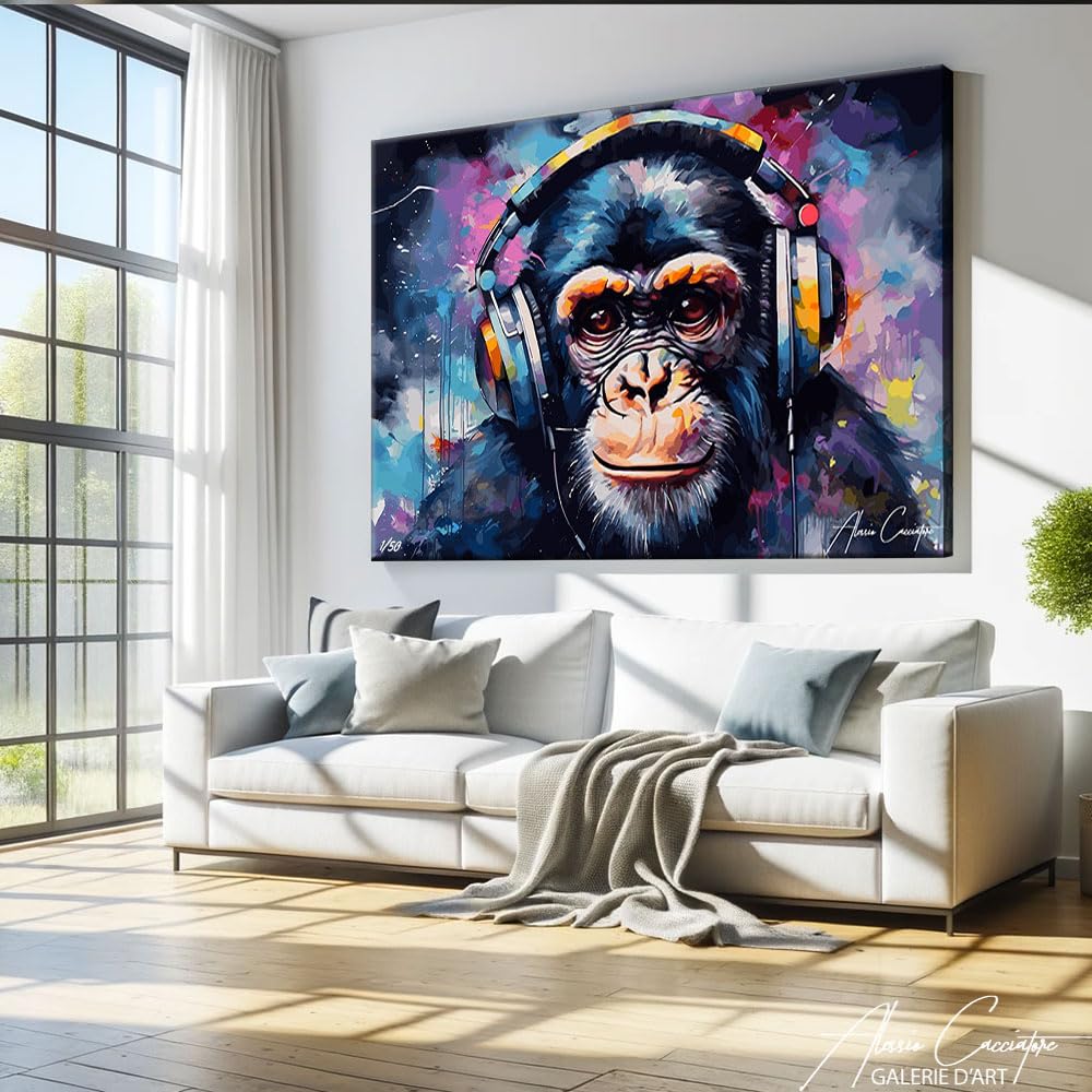 Alessio Cacciatore Tableau Singe Moderne - Cadre Décoration Murale Musique - Toile Décoration Dj - Impression Sur Toile Musique - Tableau Singe Pop Art Avec Cadre - Idee Cadeau Dj (40x30cm)