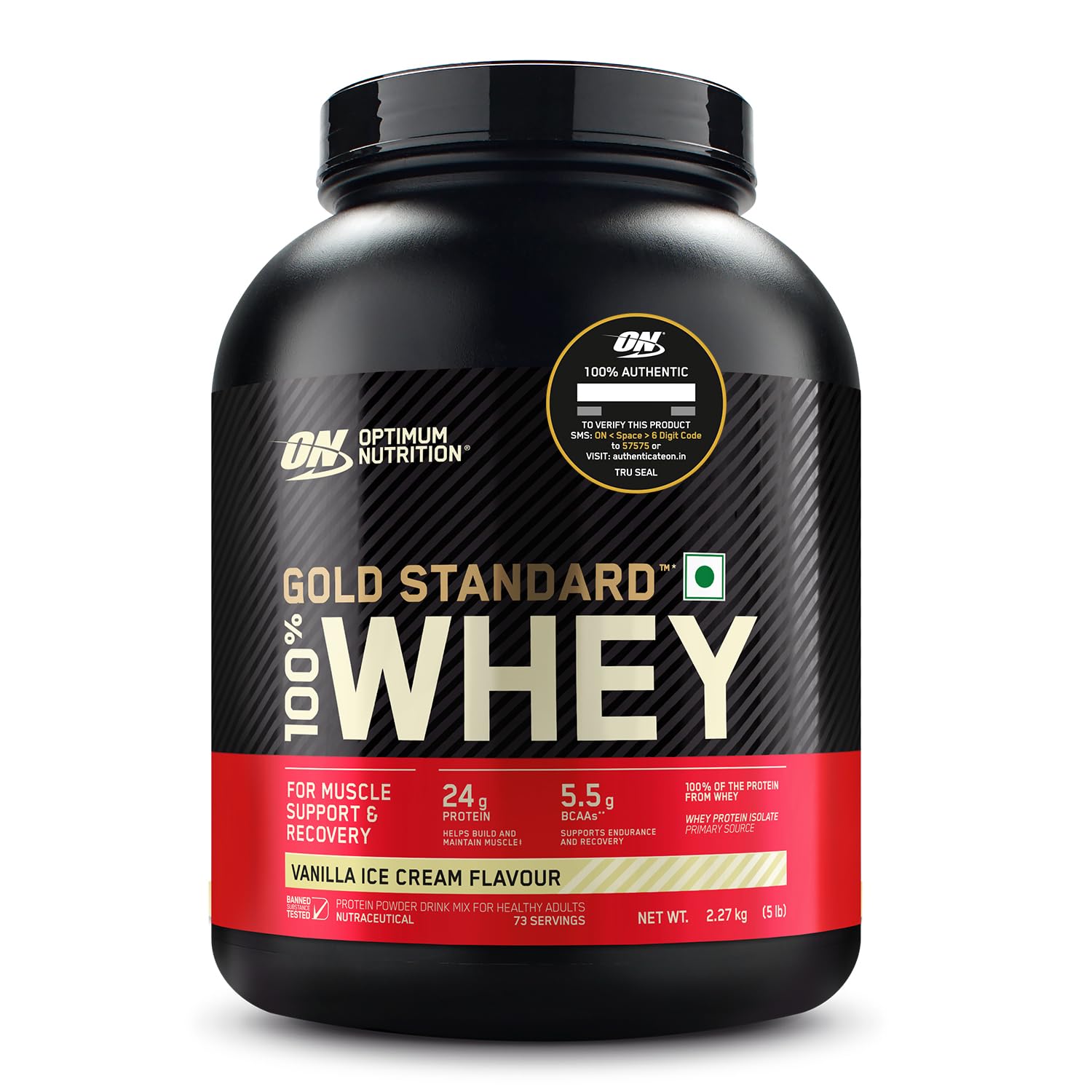 Optimum Nutrition (ON) Gold Standard 100% Whey Protein Powder 5 lbs, 2.27 g (Vanilla Ice Cream), for Muscle Support & Recovery, Vegetarian – Primary Source Whey Isolate