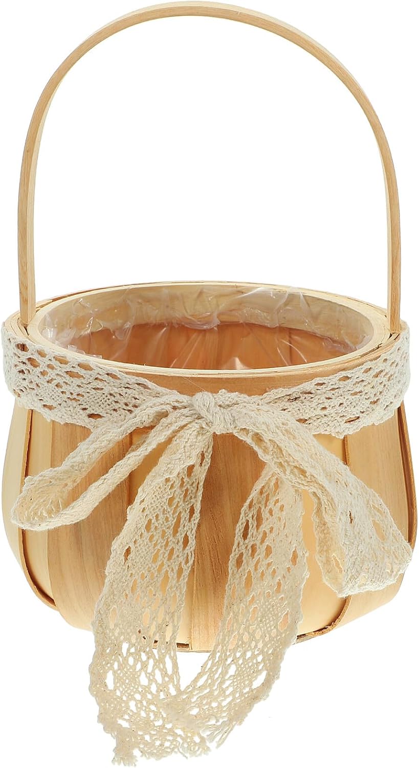 SECFOU Woven Flower Storage Basket with Lace Bowknot and Pearl Handle, Handheld Rustic Wood Weave Basket for Wedding, Party Decor, and Flower Girl Ceremony Supplies