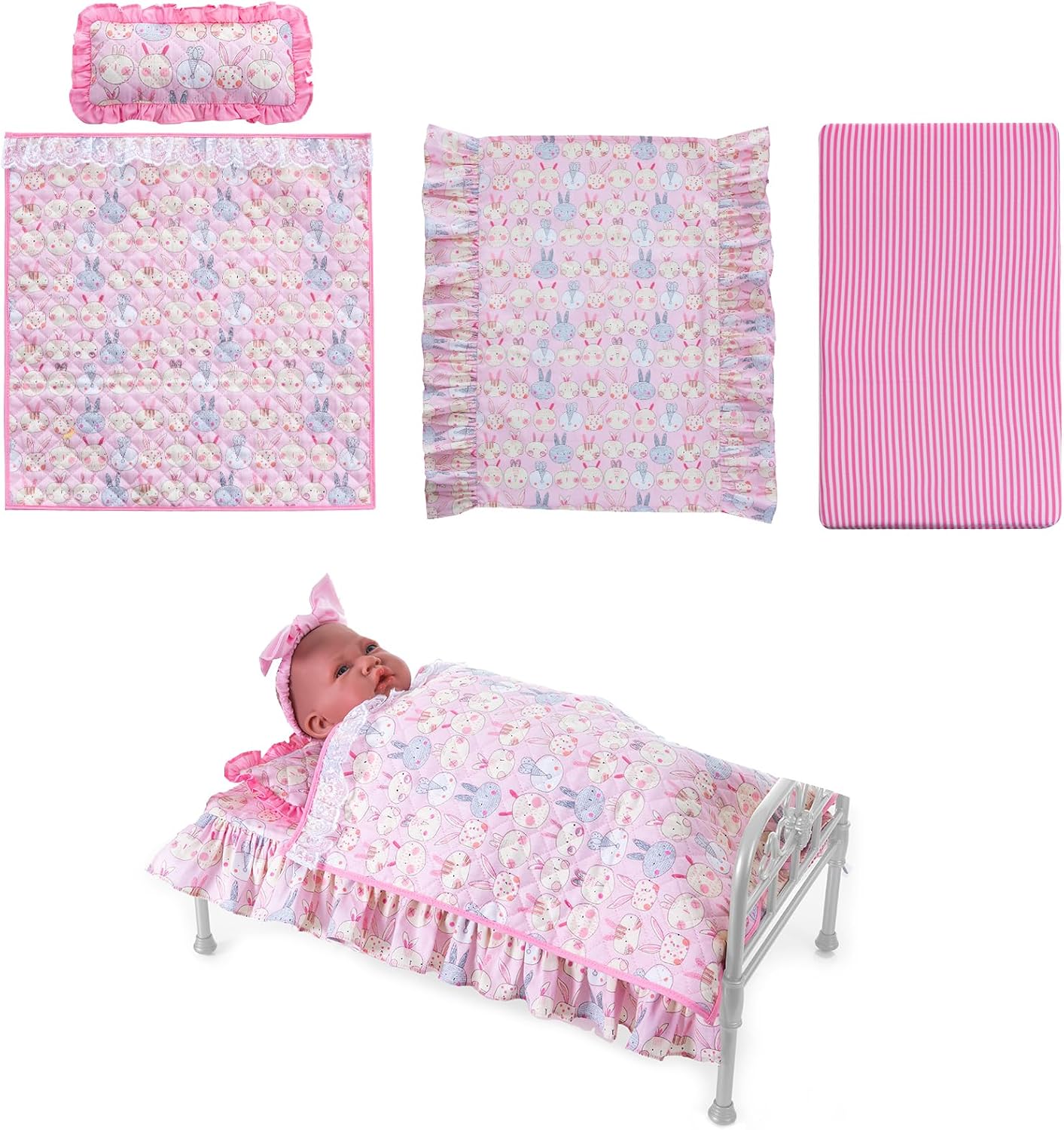 Rakki Dolli 18 Inch Baby Doll Bedding Set, 4-PC Doll Bedding Accessories Includes Blanket / Comforter ,Pillow, Sheet, 18.7”*11.4”Mattress, Pink Bunny Print
