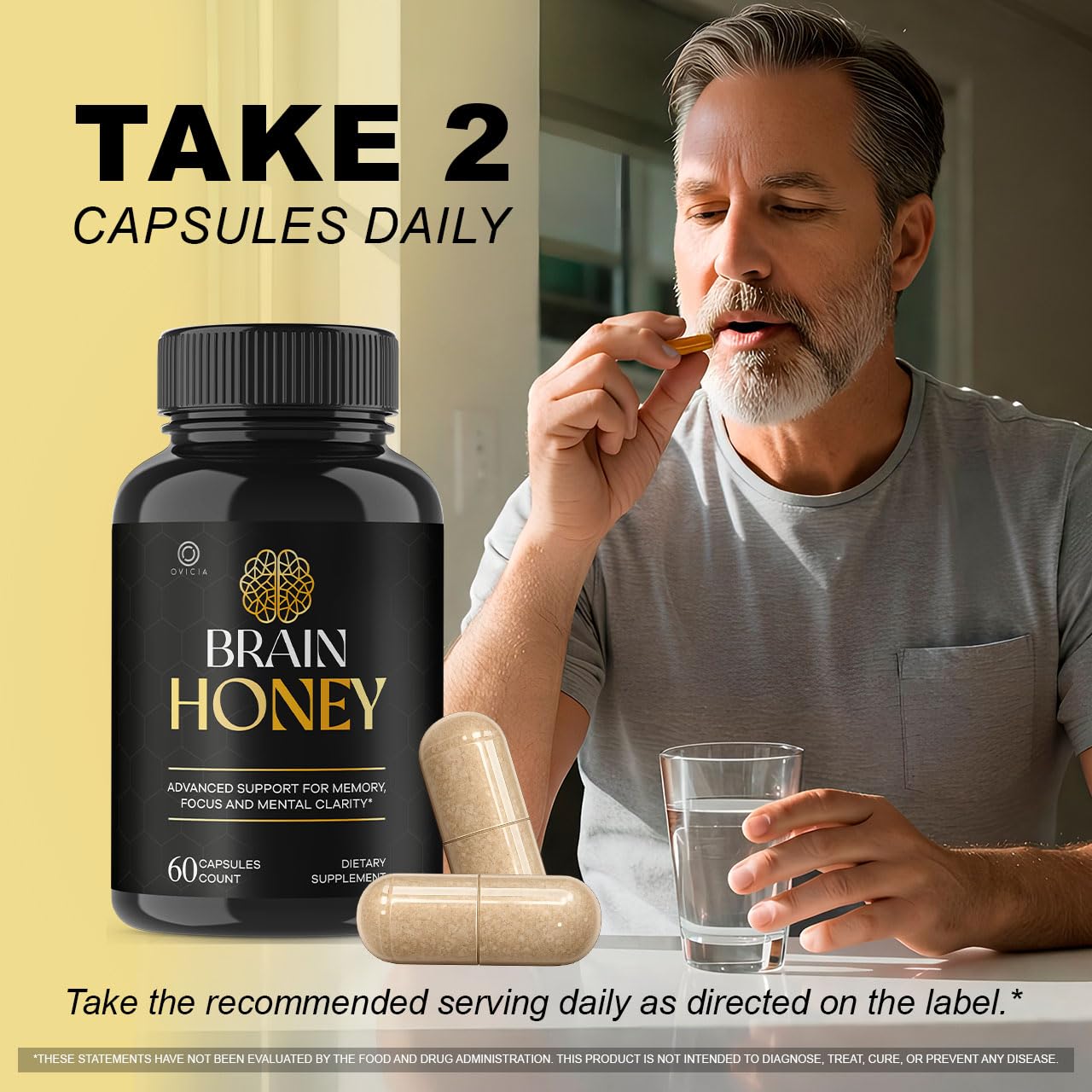 Brain Honey Capsules - Official BrainHoney Advanced Support Formula All Natural Ingredients Daily Premium Pills Vitamins for Brain Health and General Wellness, 60 Capsules for 1 Month