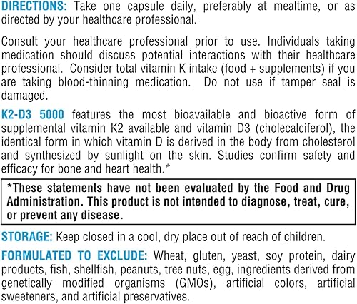 Miniatura 6 de XYMOGEN K2-D3 5000 - Vitamina D3 K2 - Vitamina D biodisponible 5000 UI (colecalciferol) con vitamina K2 MK-7 - Corazón, arterial, salud ósea +