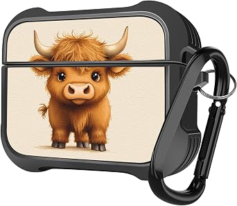 MINGDAO Compatible with AirPods 4 2024 Case, Stylish PU Leather Design and TPU Shockproof Protective Cover Case with Keychain, Highland Cow MC21267