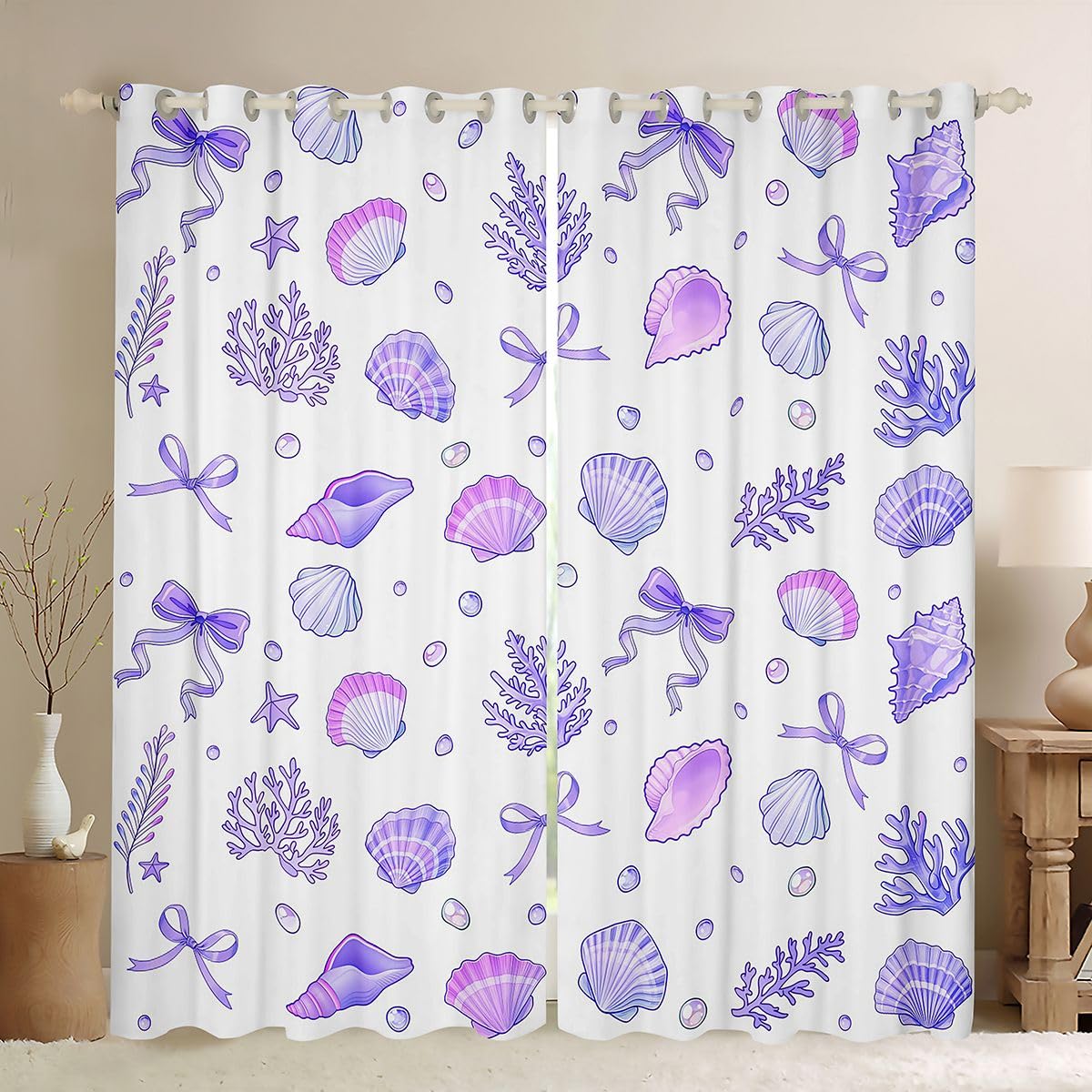 Homemissing Tende oscuranti viola con fiocco per camera da letto, soggiorno, stelle marine, conchiglie, tende oscuranti estive, costiere, spiaggia, oceano, 2 pannelli, 167,6 x 182,8 cm, decorazione