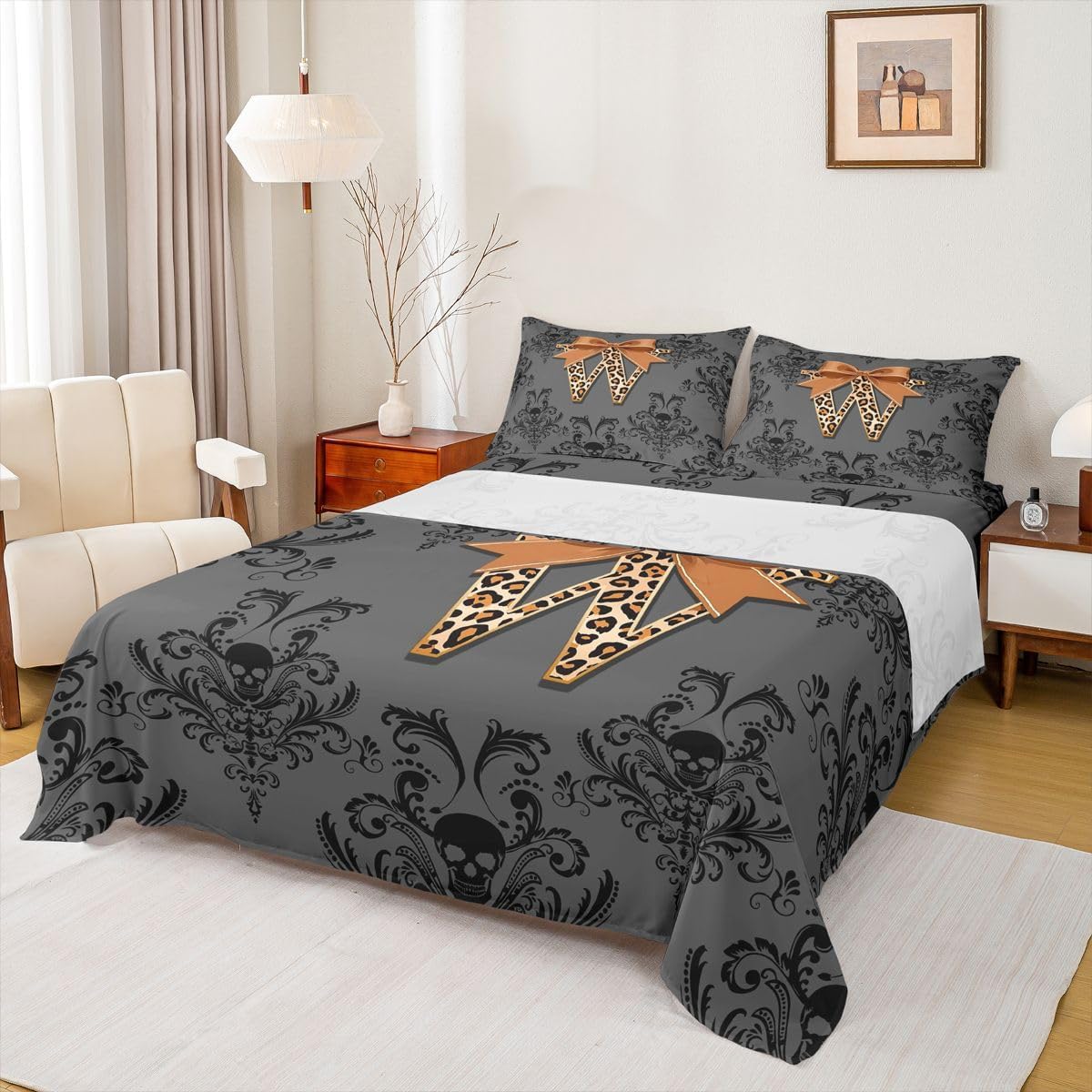 Erosebridal Brown Leopard Print Letter W Damask Sheet Set Sugar Skull Gothic Full Size Bed Sheets for Toddler Boys,Alphabet Vintage Floral Monogrammed Victorian Bedding Set