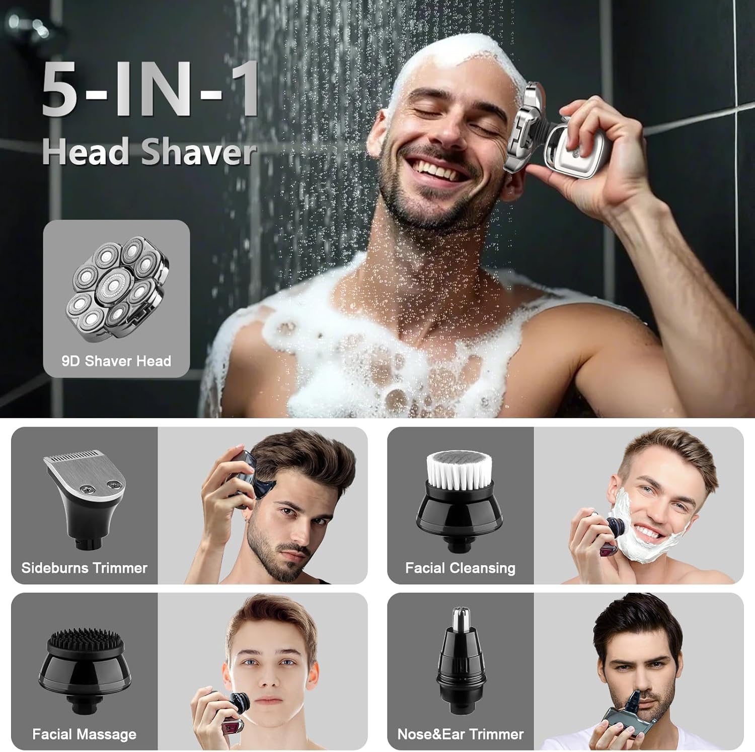 9D Bald Head Shaver for Bald Men, 5-in-1 Electric Razor for Men, Cordless Rechargeable & Waterproof Head Shaver for Wet/Dry Shave with Nose Hair Trimmer, Massager, LED Display