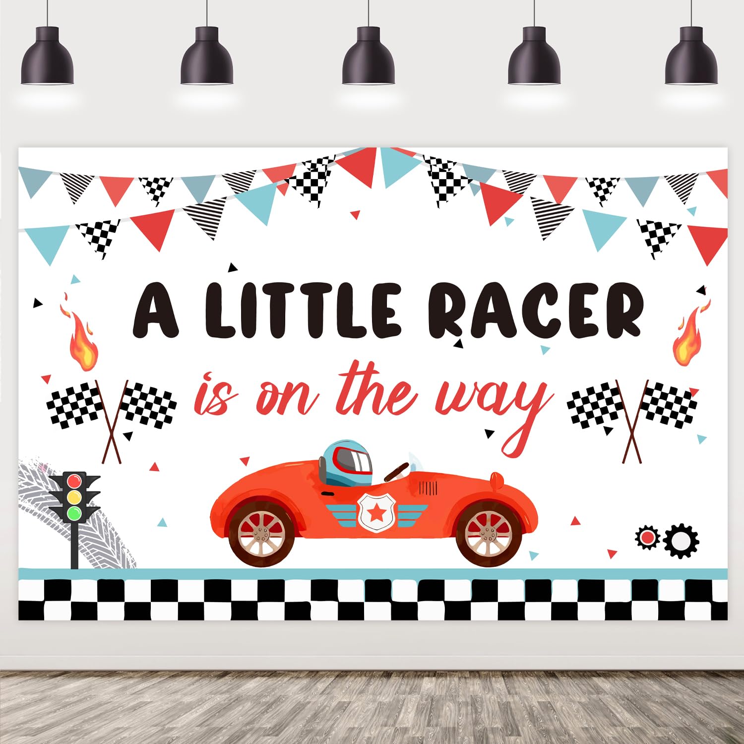 Race Car Baby Shower Backdrop, A Little Racer is on The Way Backdrop Banner Let's Go Racing Decorations Red Racing Car Flags Photography Background