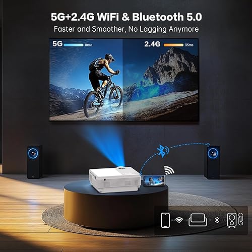 Miniatura 4 de Proyector con WiFi y Bluetooth, Native 1080P Full HD, proyector de película portátil compatible con AndroidiOSHDMIUSB (gris texturizado)