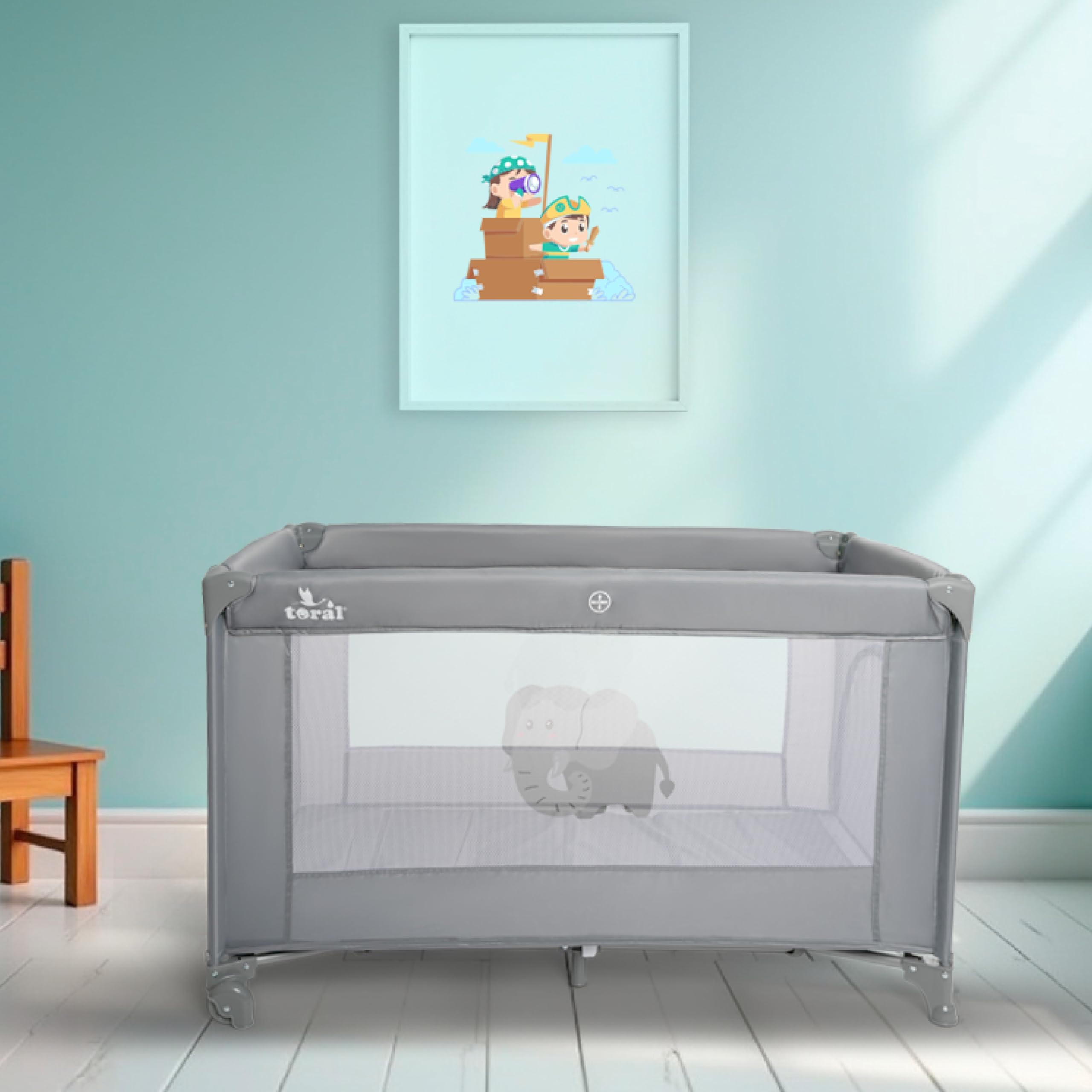 TORAL Cuna de Viaje Bebe con Colchon - Parque Cuna Bebe 2 en 1, Ideal para Casa y Viaje, Práctico Parque Infantil para Jugar Modelo Adventure Gris