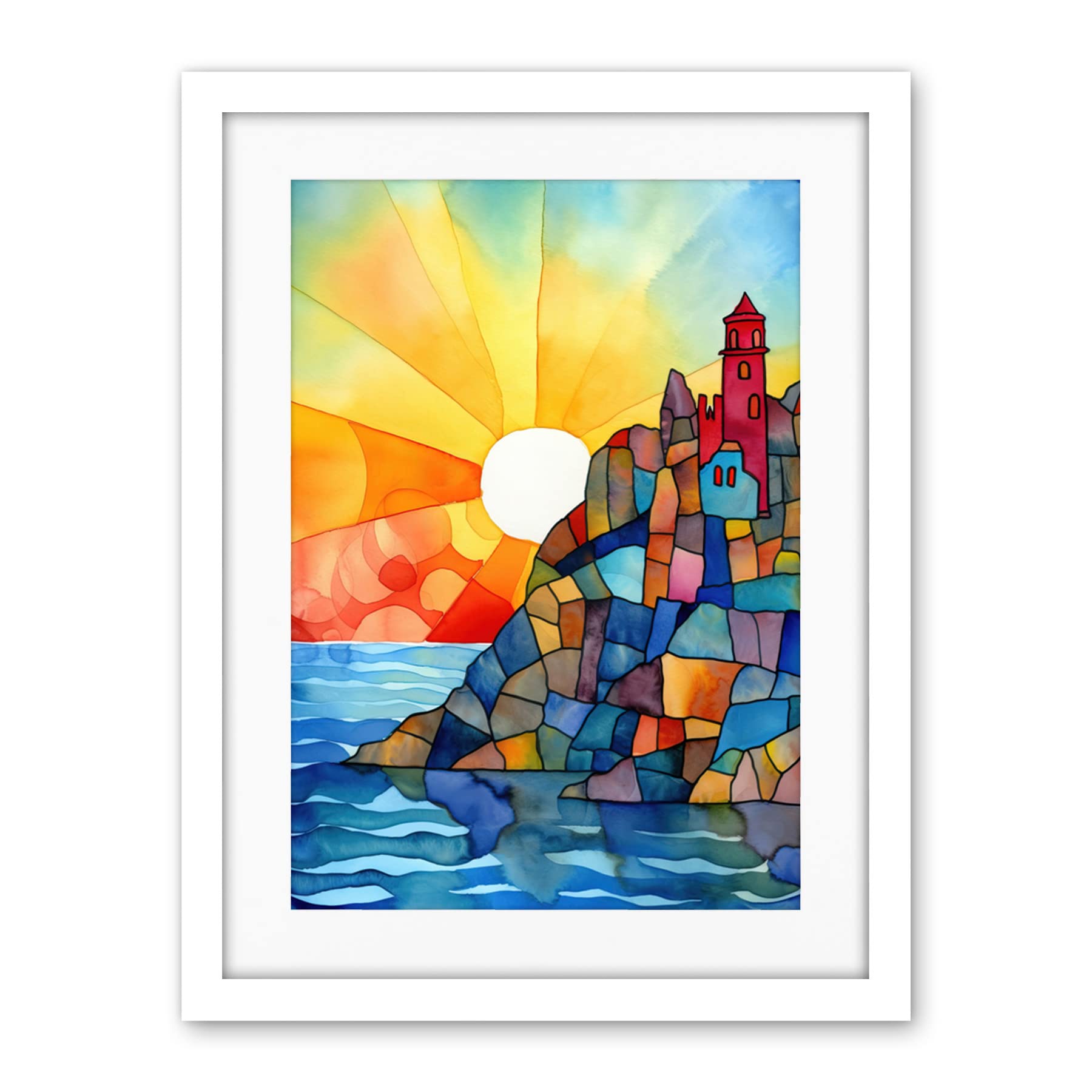 Artery8 Sunset Coastal Cliffs Lighthouse Folk Art Artwork Framed Wall Art Print 18X24 Inch