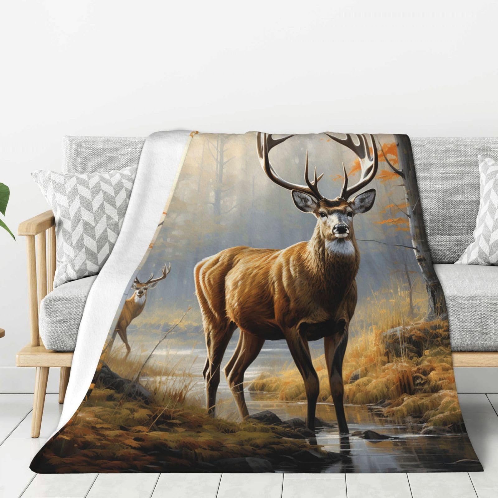 Deer Wildlife Art Throw Blanket Plush Flannel Fleece Blanket, Soft Lightweight Cozy Blankets 60"X50" for Bed Couch Sofa Travel