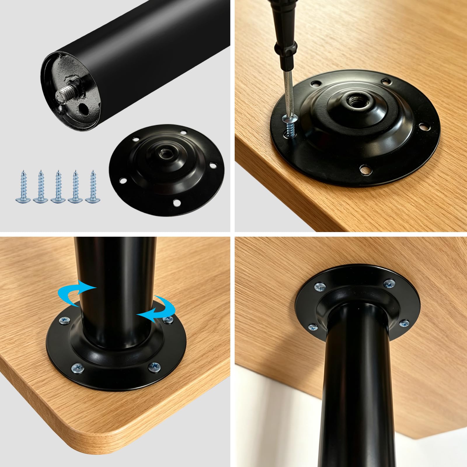 Jahof Pieds de Table Réglables 75 cm, Lot de 4 Pieds de Meubles Métal Noir Ø50mm, Support en Acier pour Table à Manger, Bureau