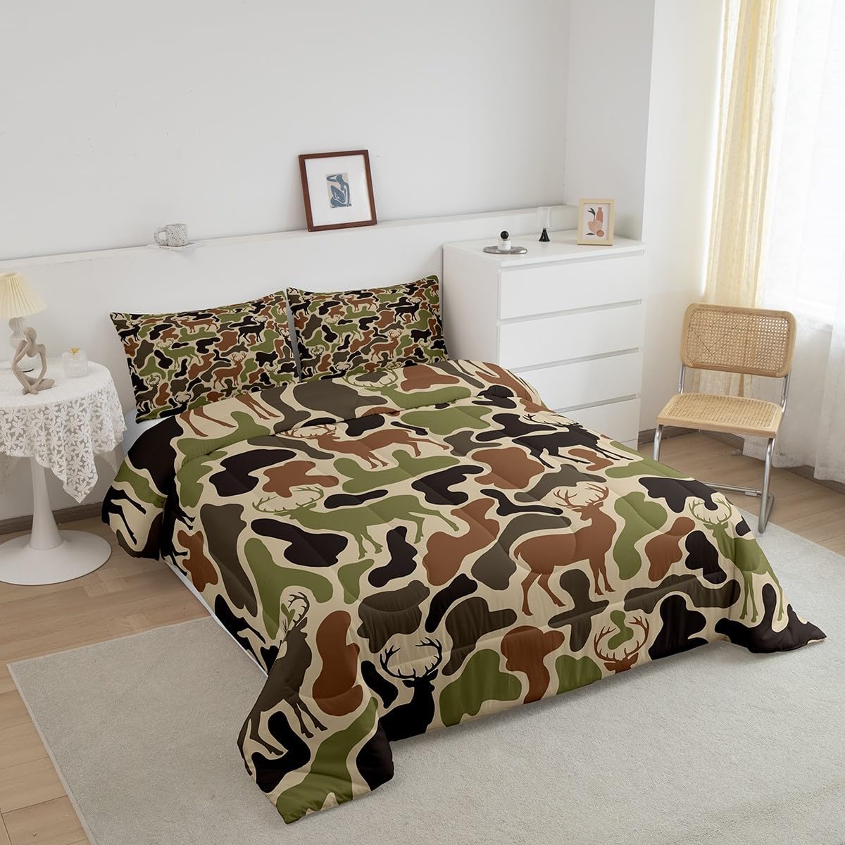 Feelyou Kids Camo Deer Bedding Set Twin Size Deer Hunting Duvet Quilt for Boys Girls Teens Bedroom Decor Antlers Comforter Set Breathable Soft Microfiber Western Farmhouse with 1 Pillow Case