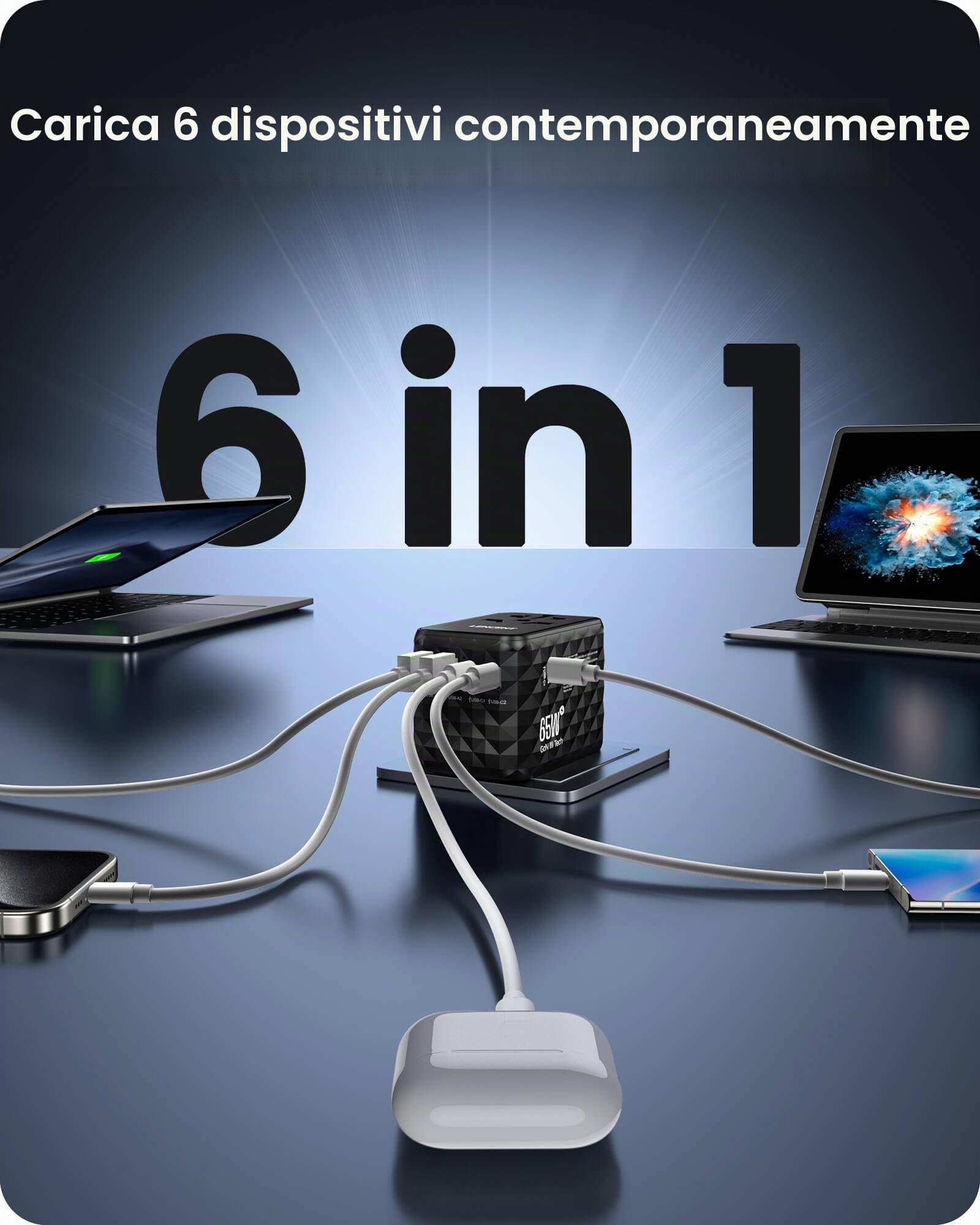 LENCENT 65W Adattatore Universale da Viaggio, Adattatore Presa con 2 USB-A | e 3 USB-C, Caricatore Alimentazione Rapida per Telefono Cellulare, Laptop, Spina Internazionale per UK, EU, AUS, USA -Bianco