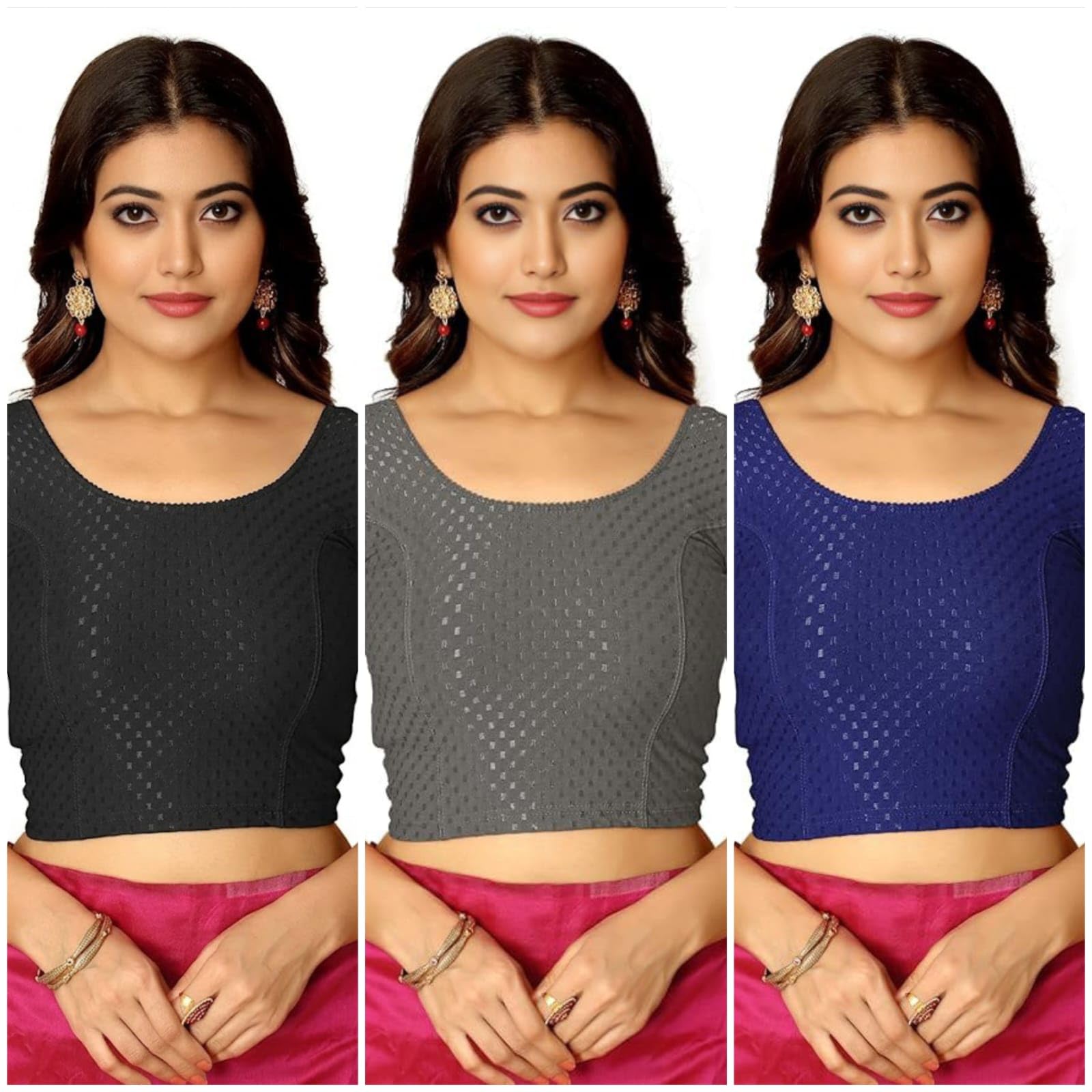 Pack of 3 Women's Readymade Stitched Saree Blouse Combo | Stretchable Cotton, Round Neck Crop Top Style Blouses | Multi-Color Set (Pack of 3) (Black, Gray, Blue, L)-picture-52