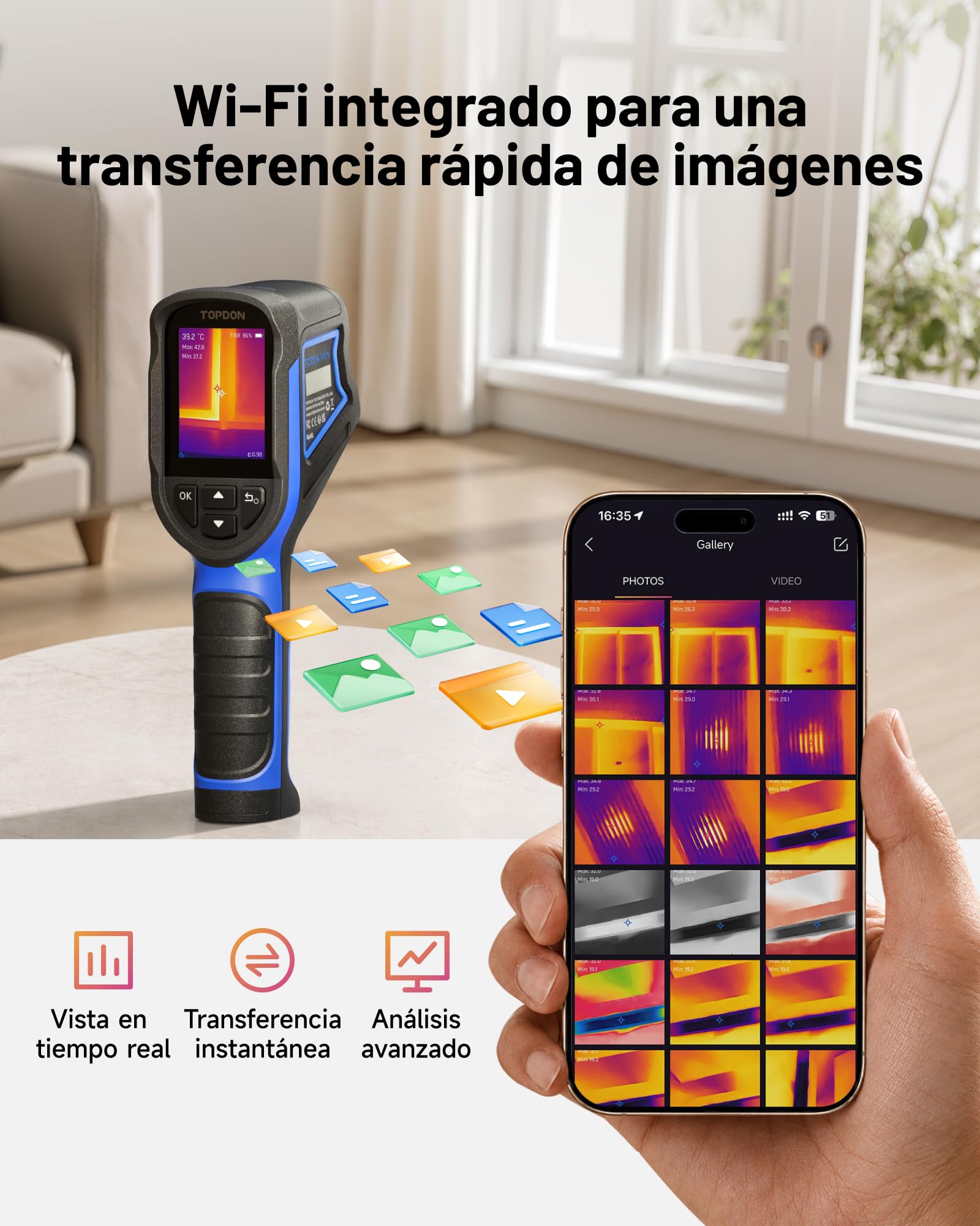 TOPDON Camara termica TC004 Mini New, resolución IR 320×240, camara termografica con 14h de autonomía, análisis en PC, Wi-Fi, -20°C a 550°C, memoria de 8 GB, grabación de vídeo y alarma de temperatura