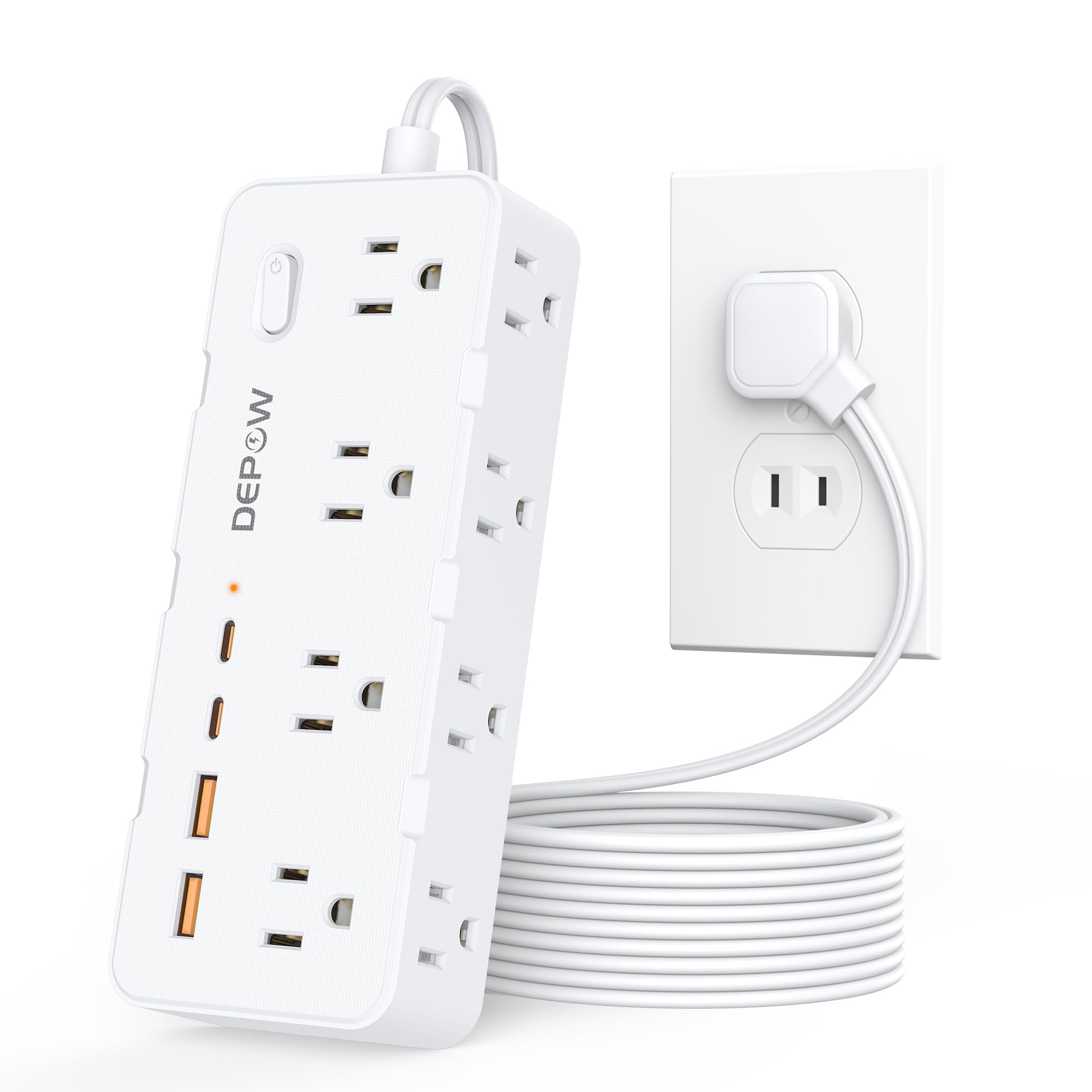 DEPOW - 2-pinowa listwa zasilająca, przedłużacz 5 stóp z wieloma gniazdami, 8 wyjść AC, 4 porty USB (2 USB C), stacja ładująca z wtyczką flagową, ochrona