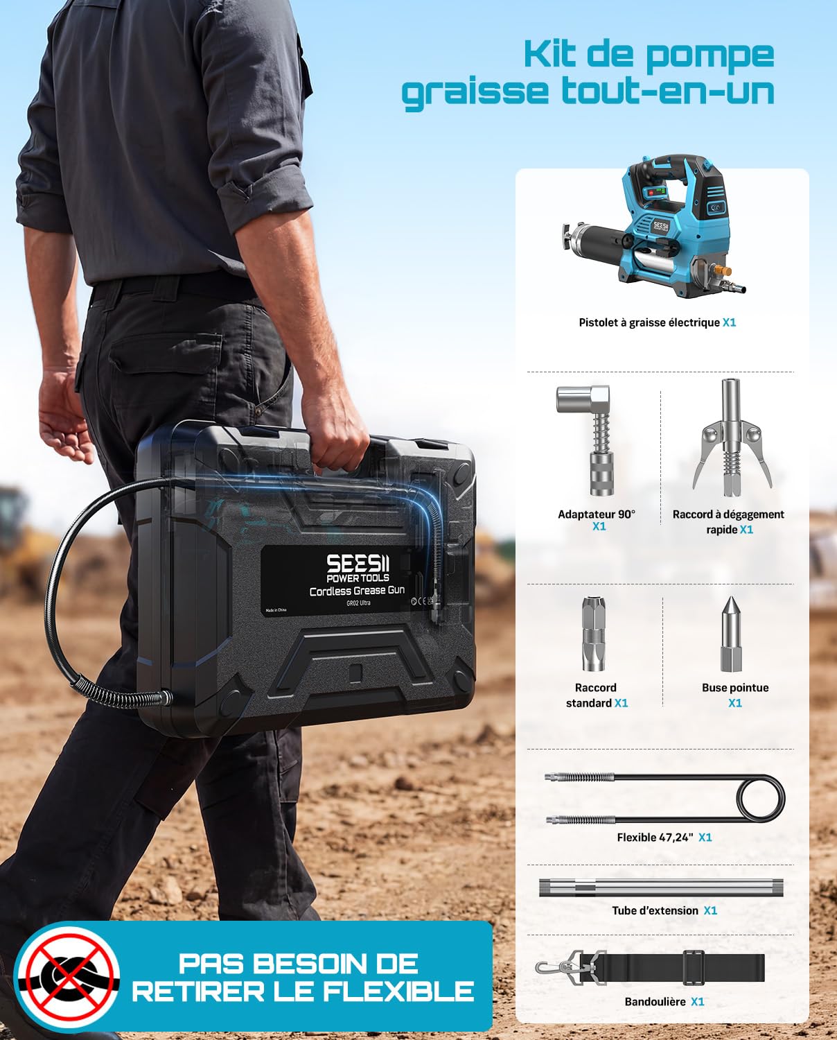 Seesii 12000PSI Pompe a Graisse Electrique compatible avec les batteries Makita 18 V (batterie non fournie), 3 Vitesses, Moteur Brushless, 3 Embout, Tuyau de 1m, Raccord à 90°, pour Équipements Lourds