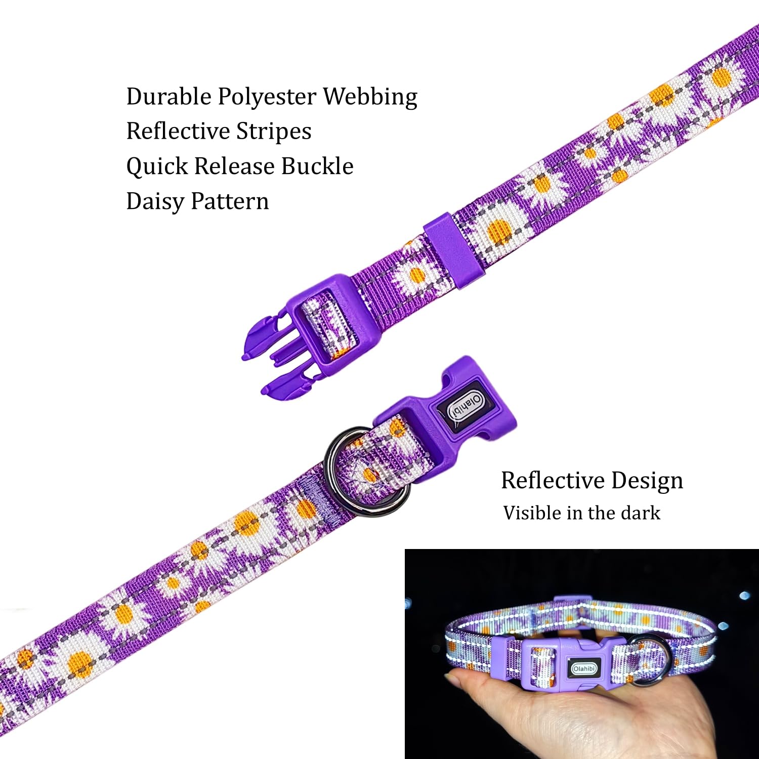 Olahibi Dog Collar and Leash Combo Set, Cute Daisy Pattern, Polyester Material, with Reflective Stripes, 150CM Leash - Image 4