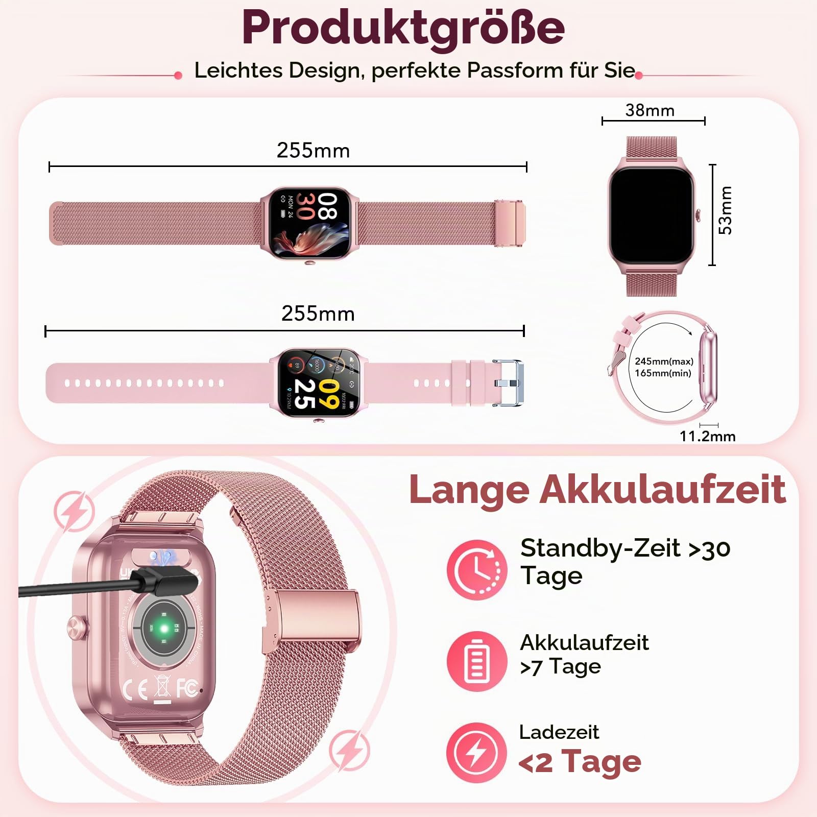Smartwatch Damen mit Telefonfunktion, 1.85" HD Uhren mit Herzfrequenz SpO2 Schlafmonitor Schrittzähler, 120+ Sportmodi Fitnessuhr, IP68 Fitness Tracker, Smart Watch Kompatibel für Android iOS Rosa