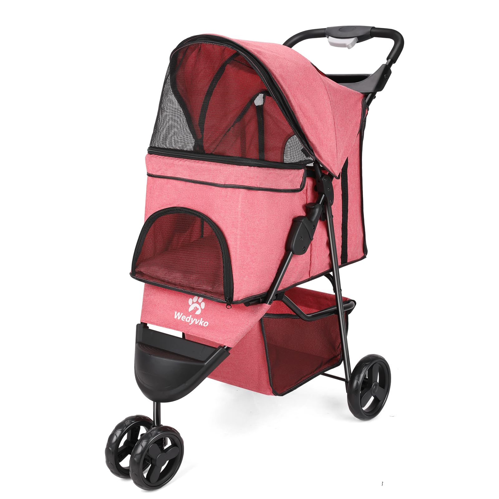 Zevcri Dog Pram for Small Dogs Easy Fold Cats Travel Pet Dog Stroller Foldable Dog Carriers for Medium Dogs Pushchair Buggy Wagon Trolley with 3 Rubber Wheels Storage Basket, Black (Rose red)