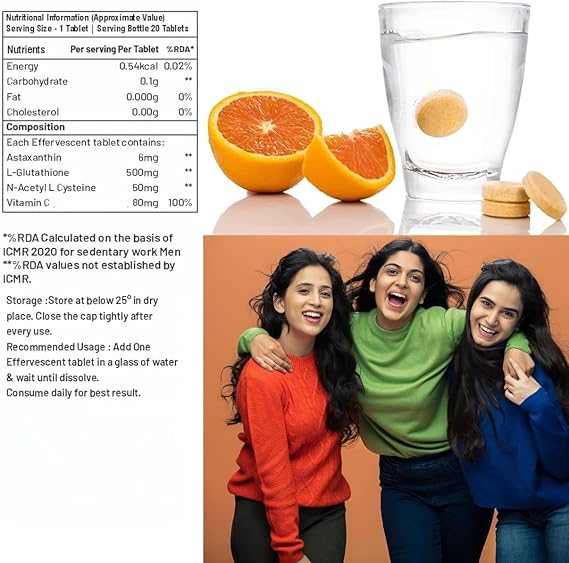 Nutrition L-Glutathione 500mg Vitamin C effervescent Tablets 20 Skin brightening Glow | Safe & Veg