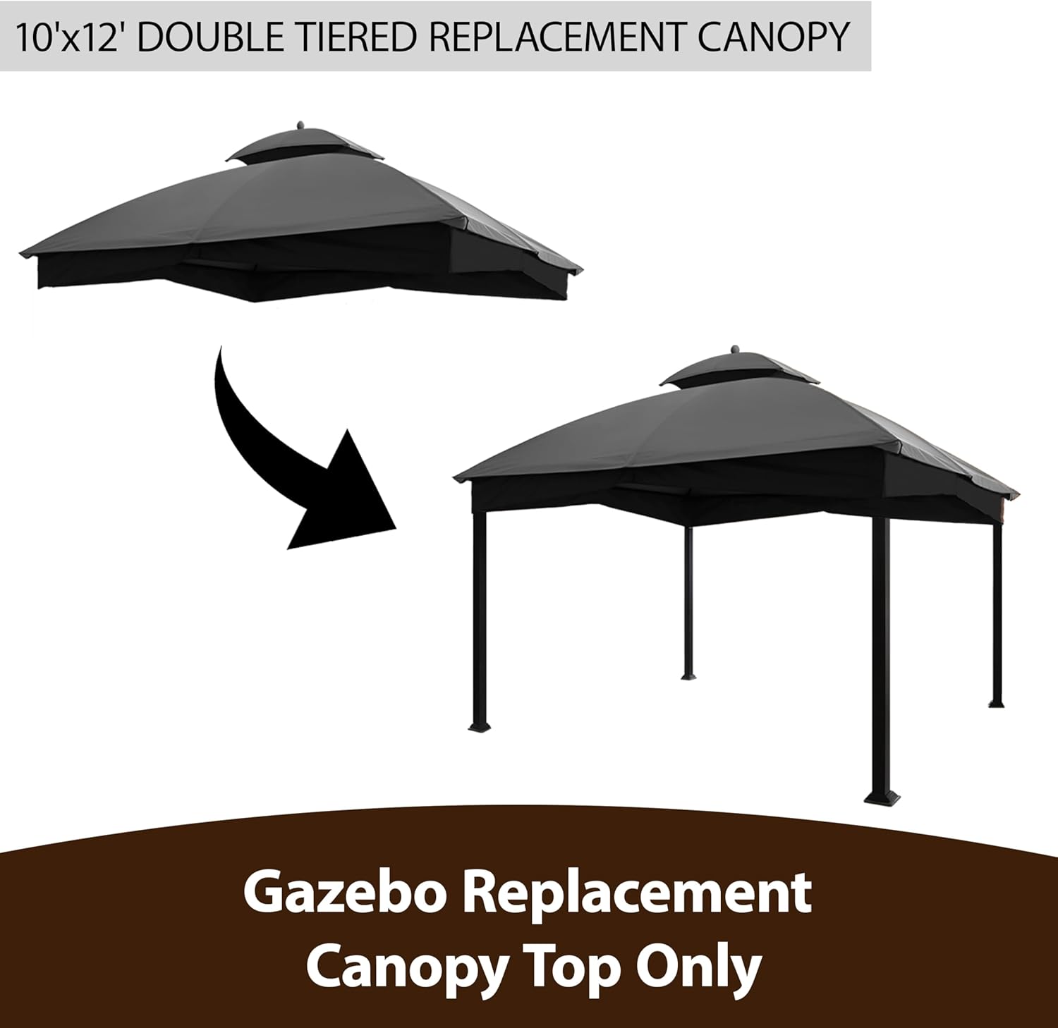 Tradesparker 10x12 Replacement Canopy Top for Lowe's Allen Roth Gazebo #GF-12S004B-1,Double Tiered Waterproof Gazebo Cover with T-Hook, Gray