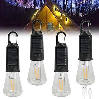 Lot de 4 lampes de camping solaires : lampes de camping rechargeables - Lanternes de camping avec mousqueton - Lanternes LED de camping - Lampes de camping pour urgence, camping, randonnée