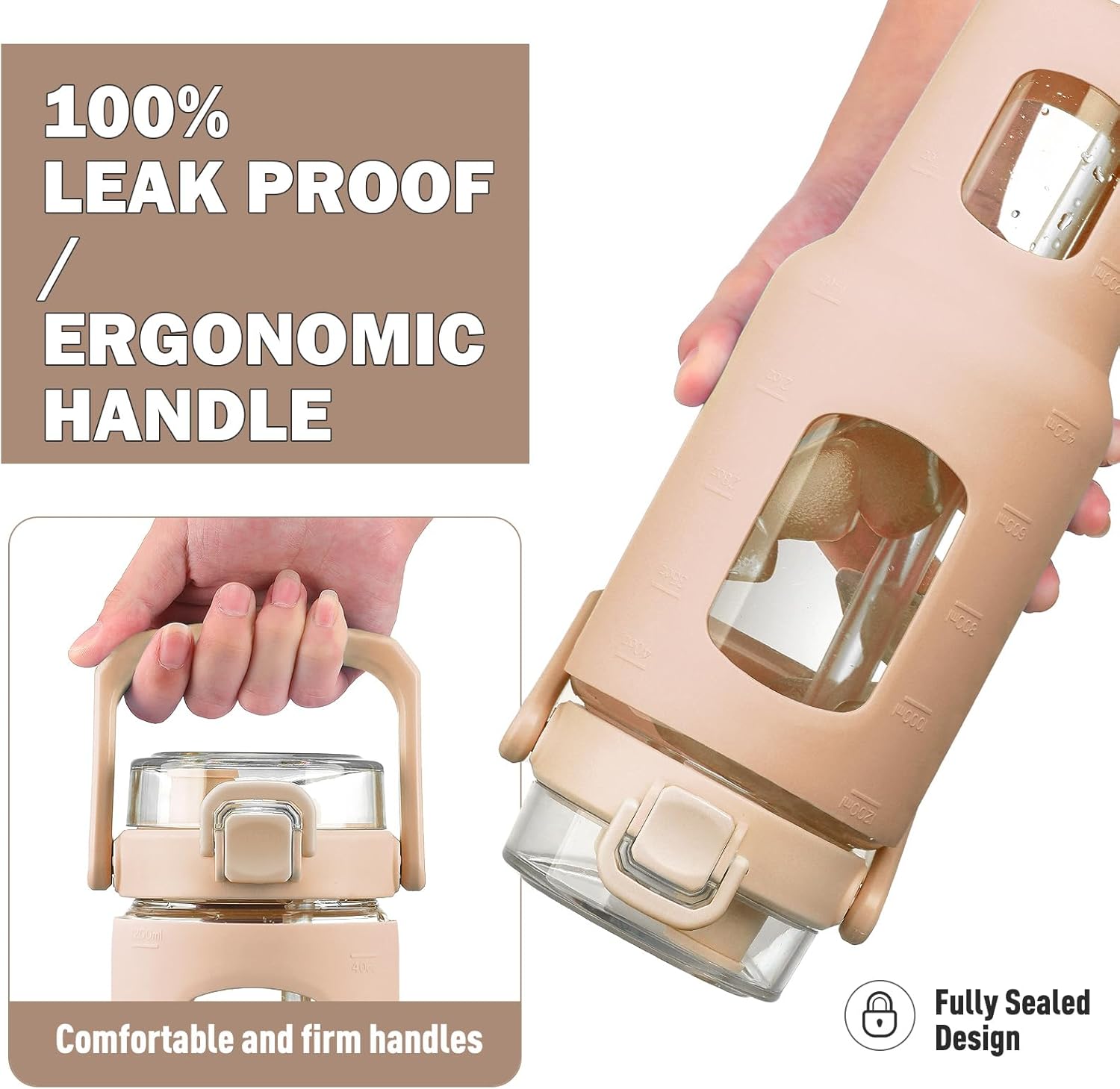 BLUEGO 40oz Glass Tumbler with Lid and Straw, Glass Water Bottles with Handle, Glass Cup with Time Marker and Silicone Sleeve, Fits Most Cup Holder, Leak-proof, Amber - Image 3