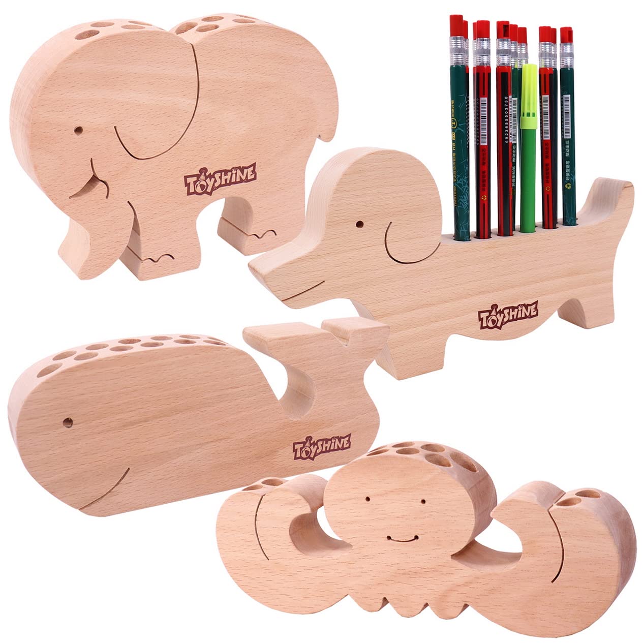 Toyshine Pack of 4 Animal Shape Wooden Pen Pencil Holder Desk Organizer