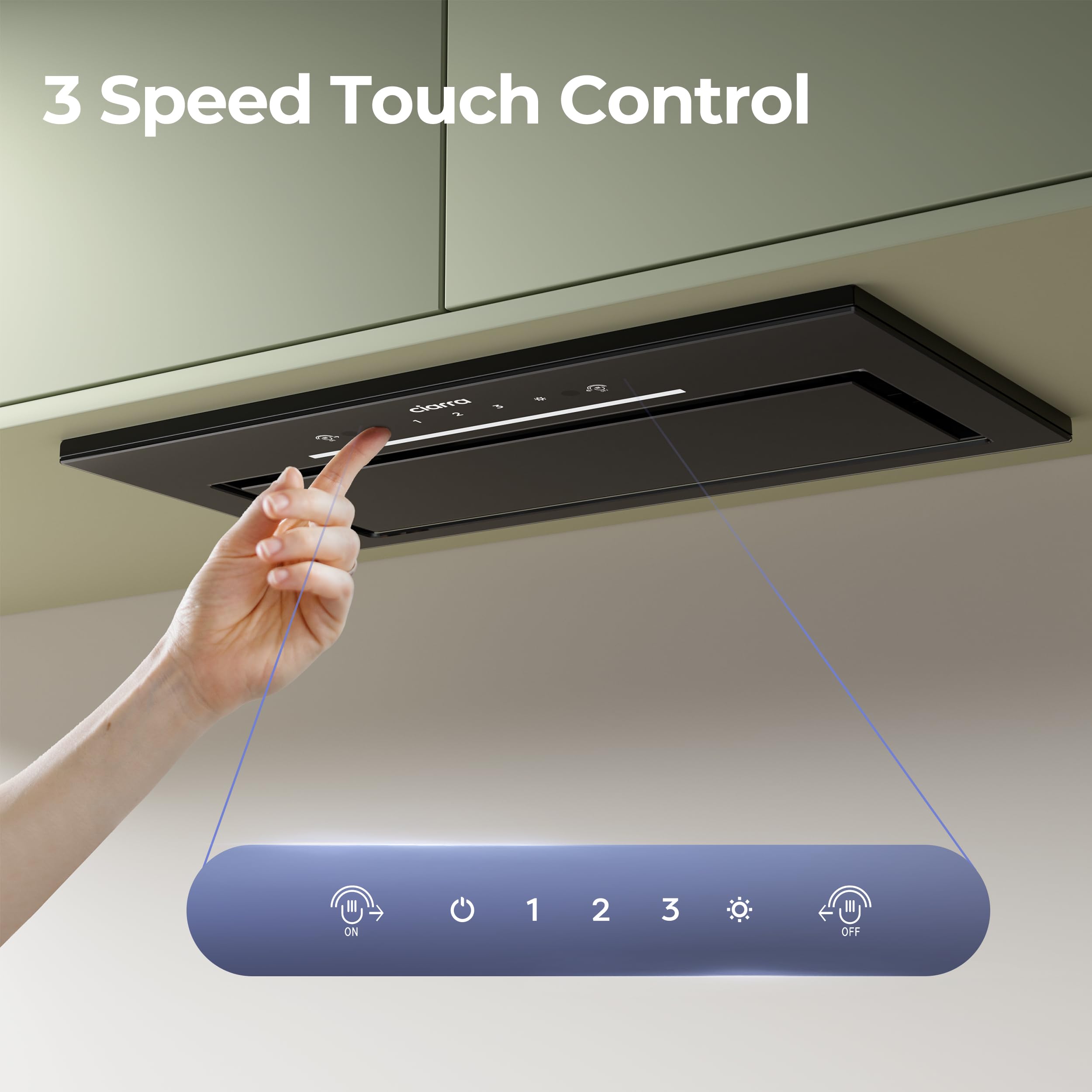 CIARRA 52cm Integrated Cooker Hood, Built-in Kitchen Extractor Fan with Wave Control, LED Light, Carbon Filter, Recirculation & Ducting Options, Slim Undercabinet Kitchen Hood - CBCB5931A — view 2
