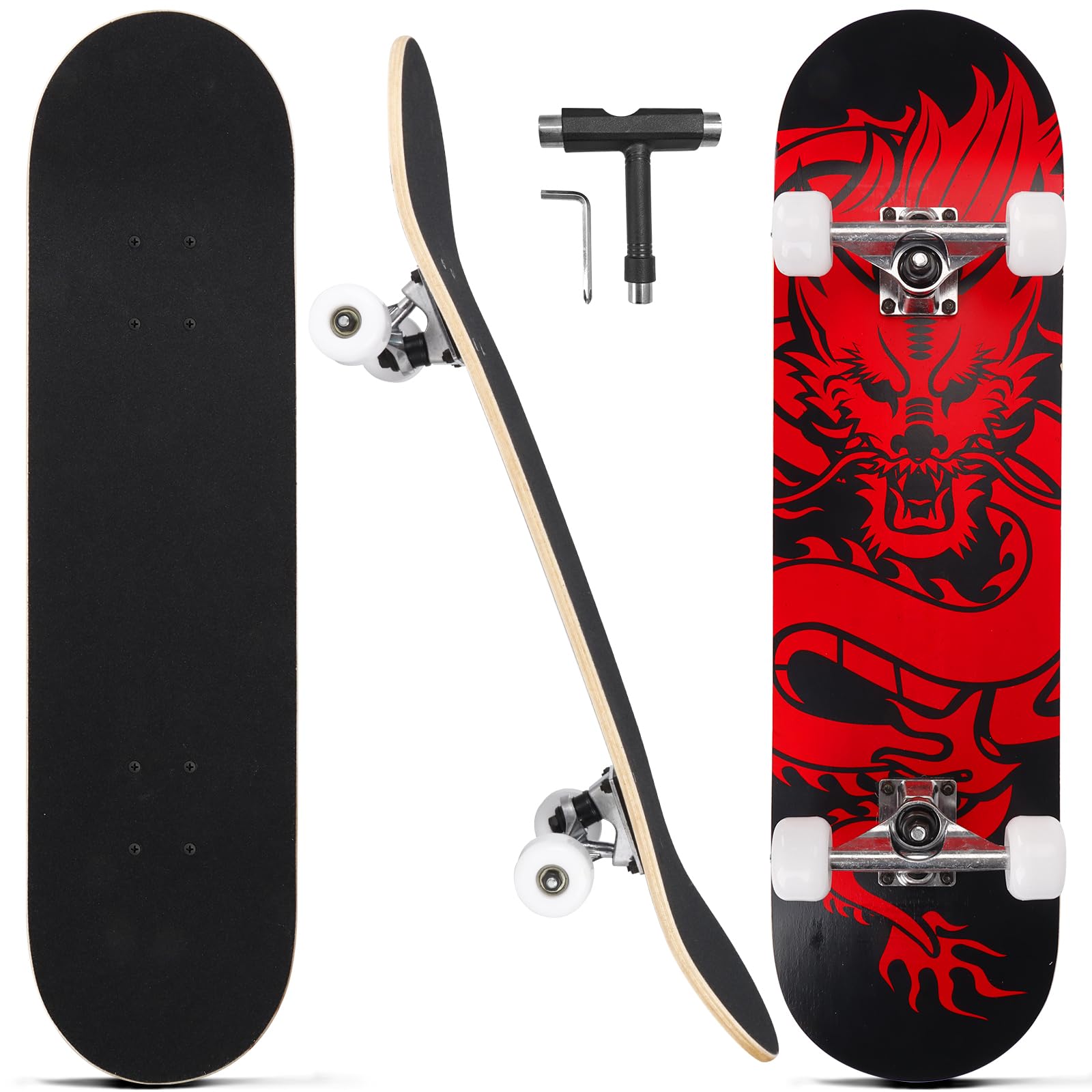 Patinetas para principiantes, adultos, jóvenes, adolescentes, niños, niñas, niños, 31 pulgadas, tablas de skate completas profesionales de 7 capas de arce canadiense de doble patada cóncava