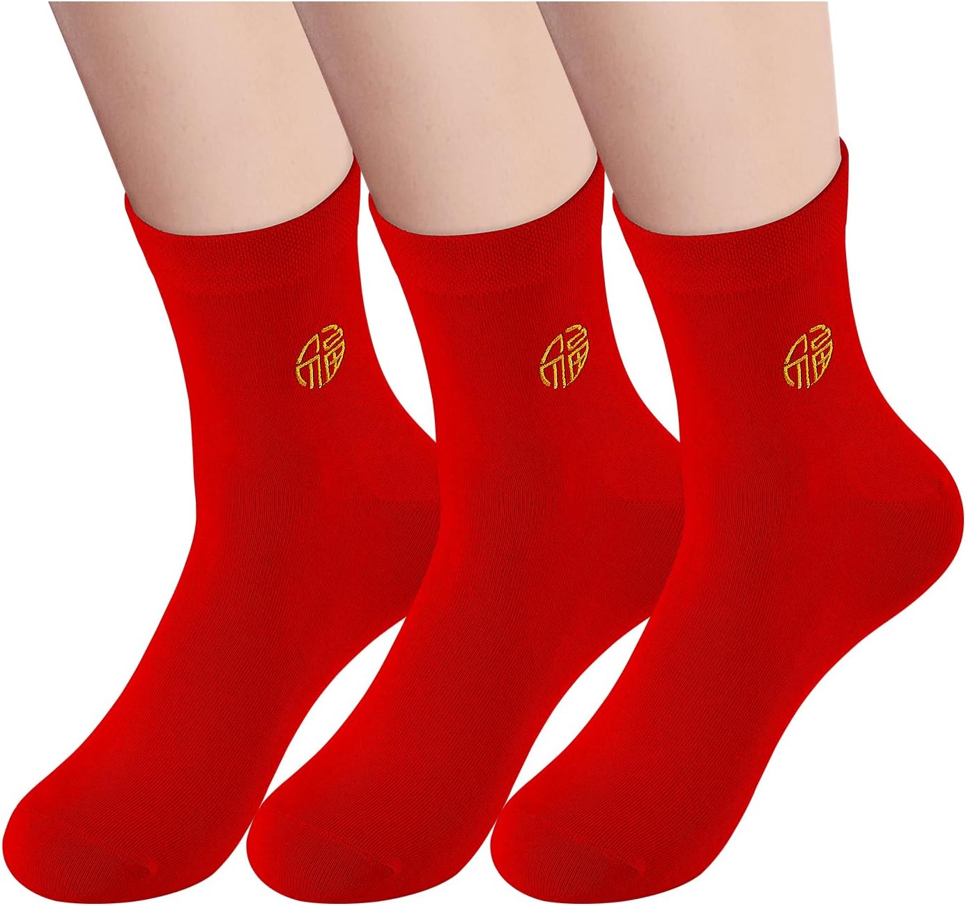 Women's Red Socks Crew Sports Casual Calf Socks, Chinese New Year Socks,Size 5-9, Embroidery 福(Fu)(6 prs)