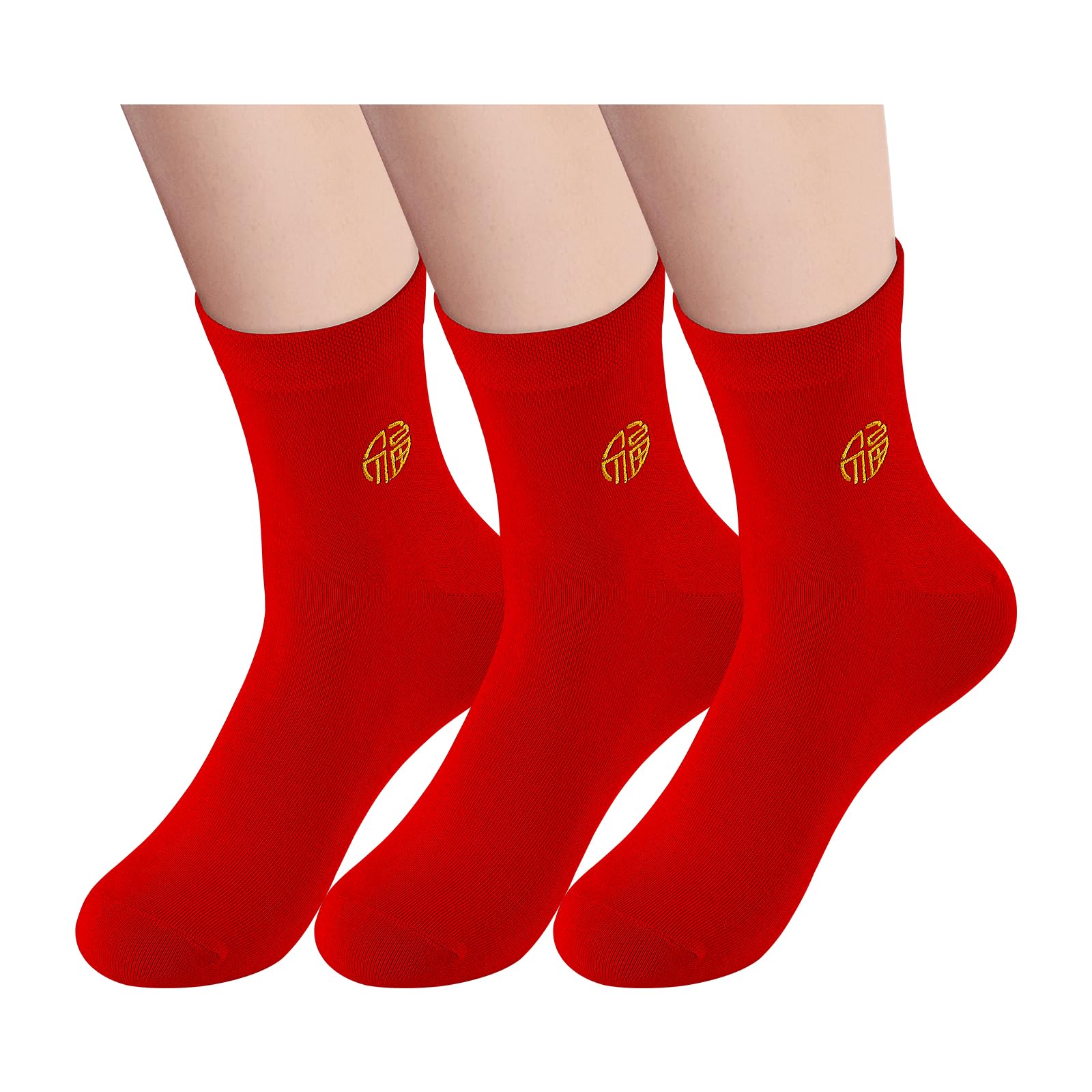 Women's Red Socks Crew Sports Casual Calf Socks, Chinese New Year Socks,Size 5-9, Embroidery ?(Fu)(6 prs)