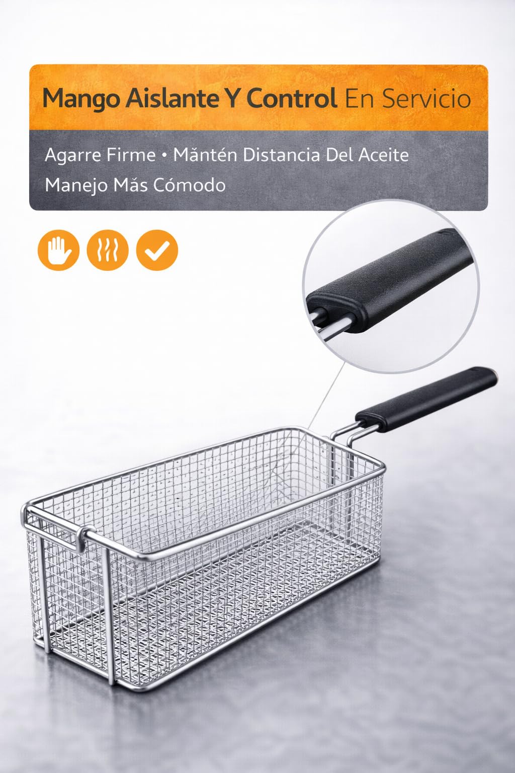 RO Linea Blanca ® Cesta Freidora Inox 370x150x120mm Malla Reforzada Mango Aislante Gancho Escurrido Repuesto Hosteleria Compatible con Angelo Po Compatible con Sagi