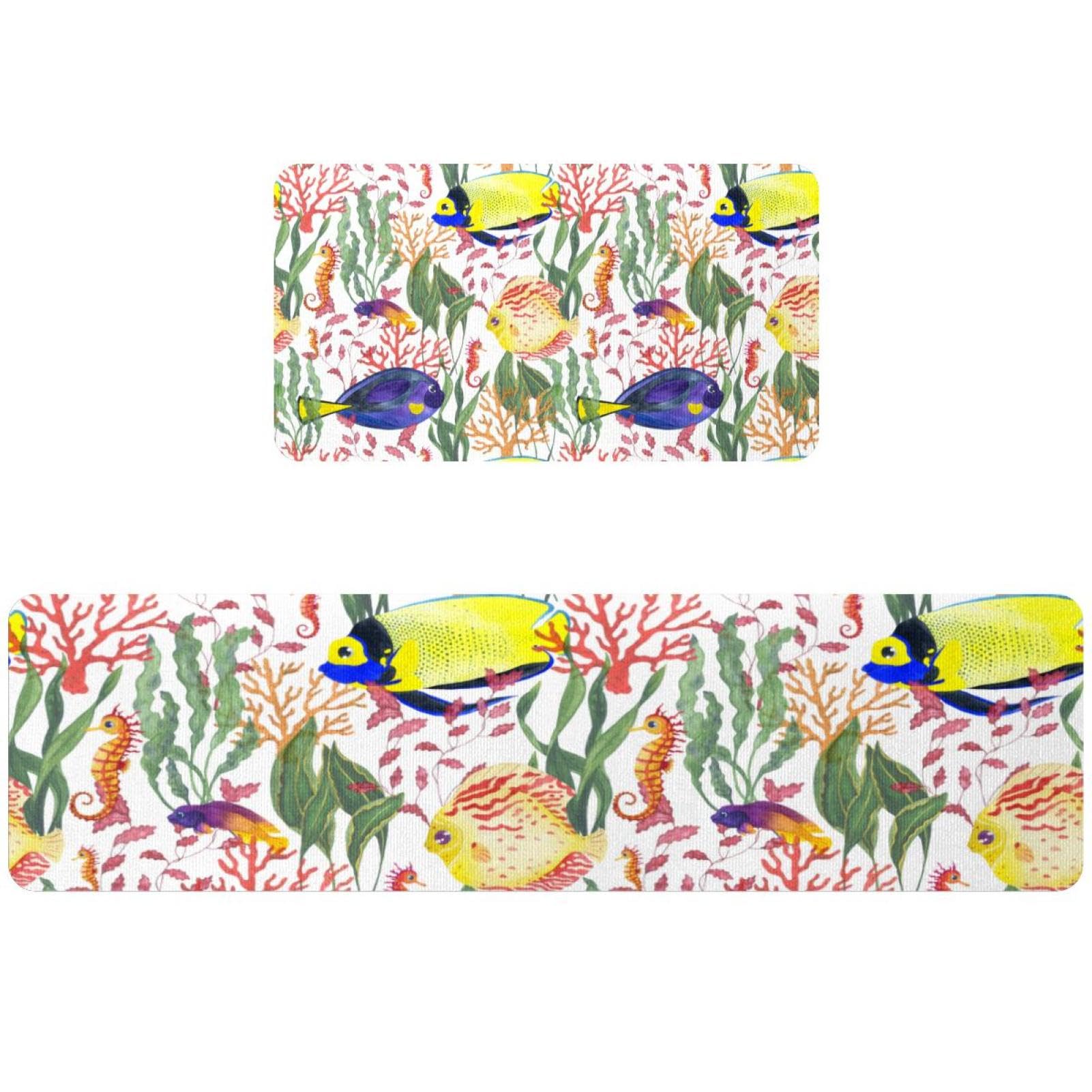 Tapis de cuisine hippocampe et récif corallien lavables | Lot de 2