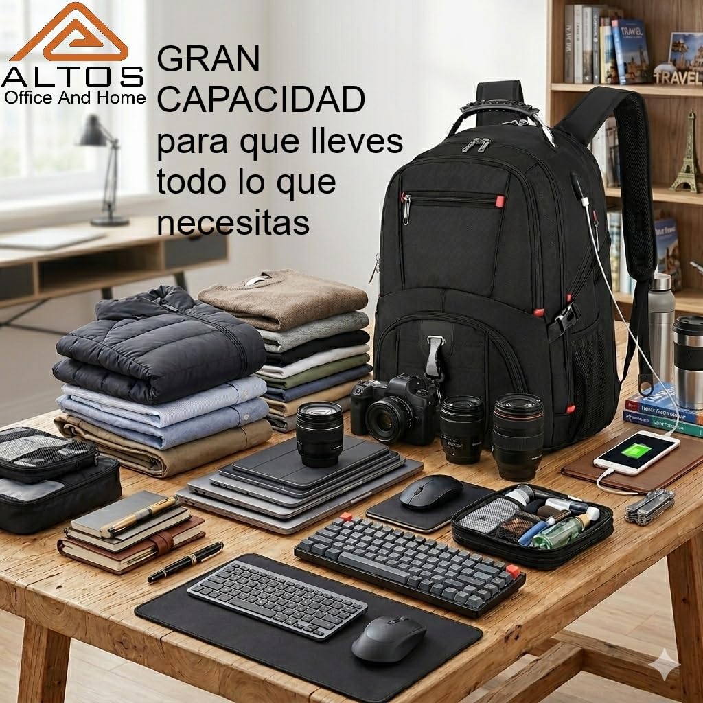 ALTOS OFFICE AND HOME Mochila para laptop de 17", viajes de negocios, estudios, Puerto USB, negra, antirrobo, ideal para senderismo, impermeable, resistente a arañazos, reforzada, GRAN CAPACIDAD,