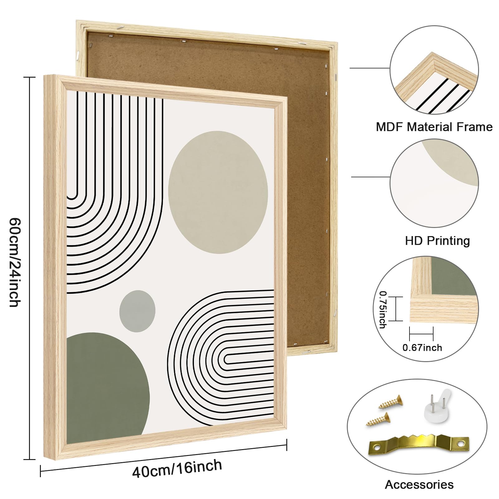 3 Pcs Wooden Framed Canvas Wall Art Set Bohemian Sage Green Canvas Prints Poster Geometric Line Beige Green Pictures for Living Room Bedroom Dinning Room Hallway Stairs Wall Decor 30x40cm x3pcs — view 264